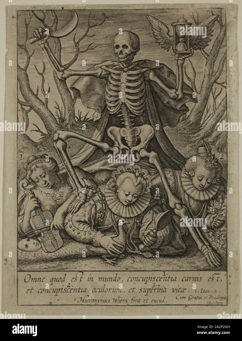 Jerome Wierix, Netherlandish, 1553-1619, Death Triumphing over All That Is in the World, the Lust of the Flesh, the Lust of the Eyes, and the Pride of Life, is not of the Father, but is of the World, between late 16th and early 17th century, engraving printed in black ink on laid paper, Plate: 3 7/8 × 2 7/8 inches (9.8 × 7.3 cm Stock Photo