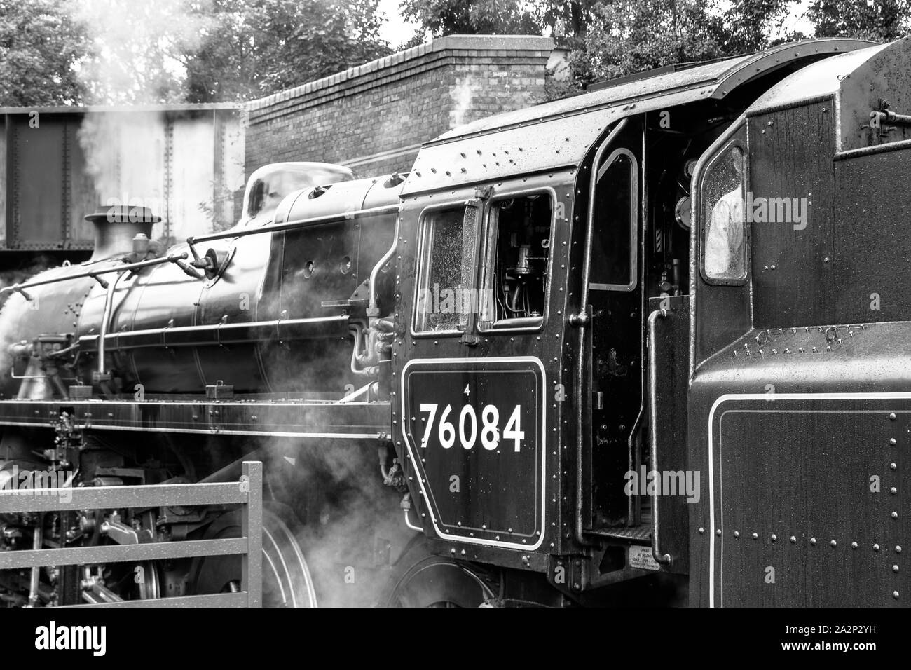 Monochrome steam train seen at Sheringham Station on 29th Sept 2019 Stock Photo