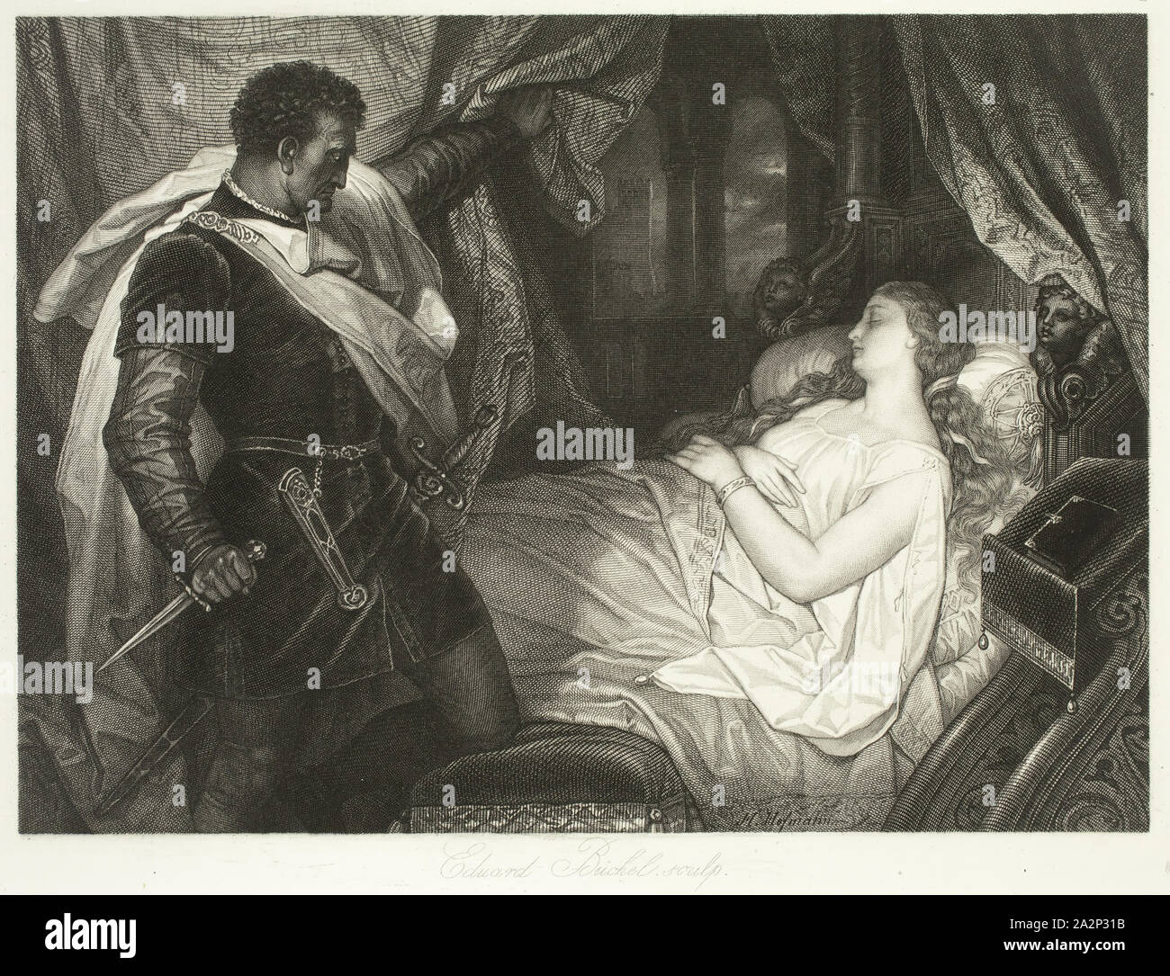 Edward Buchel, German, 1835-1903, after Heinrich Johann Michael Hofmann, German, 1824-1911, Othello and Desdemona, 19th century, etching and engraving printed in black ink on wove paper, Image: 6 3/8 × 8 7/8 inches (16.2 × 22.5 cm Stock Photo