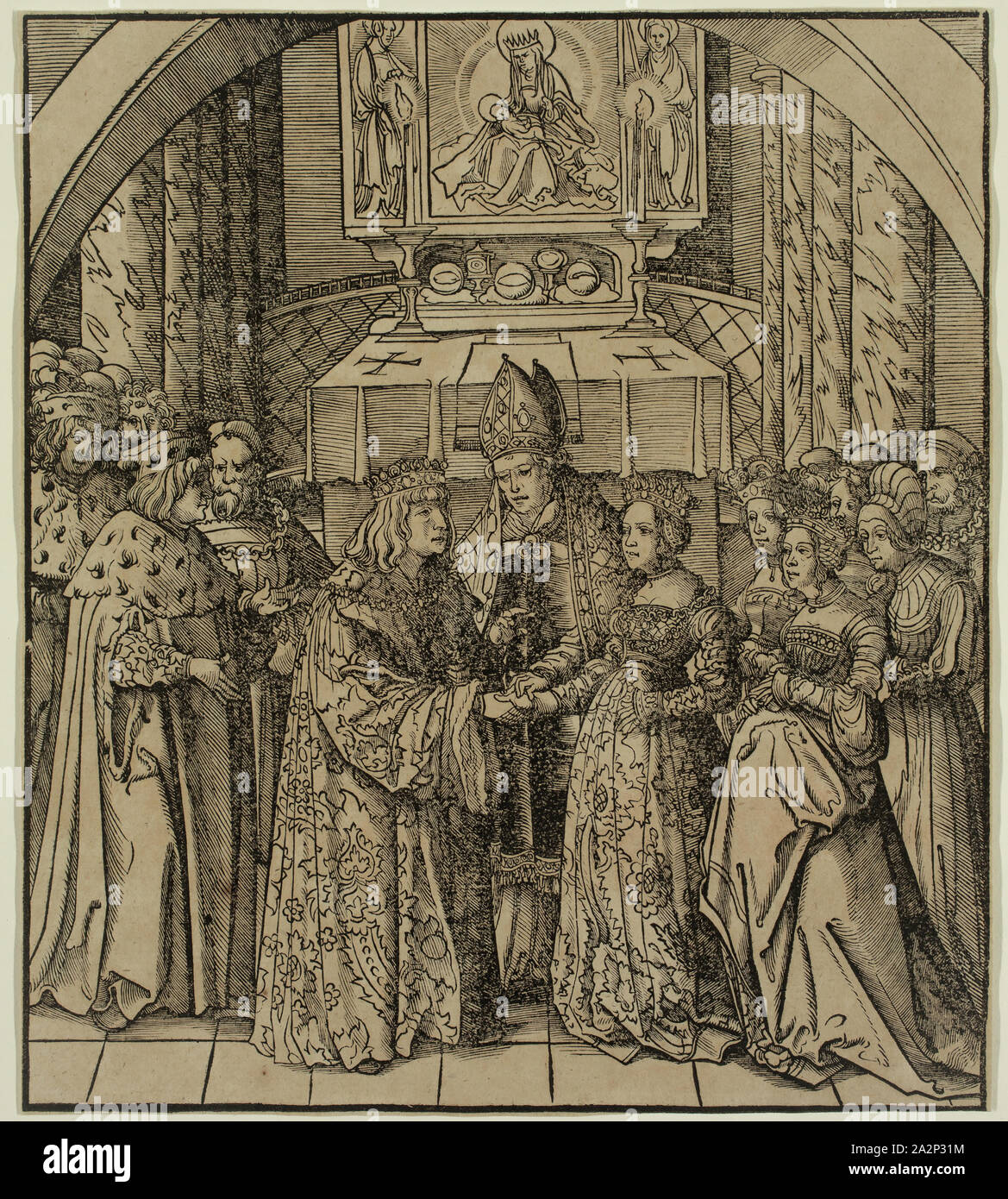 Leonhard Beck, German, 1480-1542, after Hans Burgkmair, German, 1473-1531, The Betrothal of the White King and the Daughter of the King of Feuereisen, between 1513 and 1518, woodcut printed in black ink on laid paper, Image: 8 5/8 × 7 1/2 inches (21.9 × 19.1 cm Stock Photo