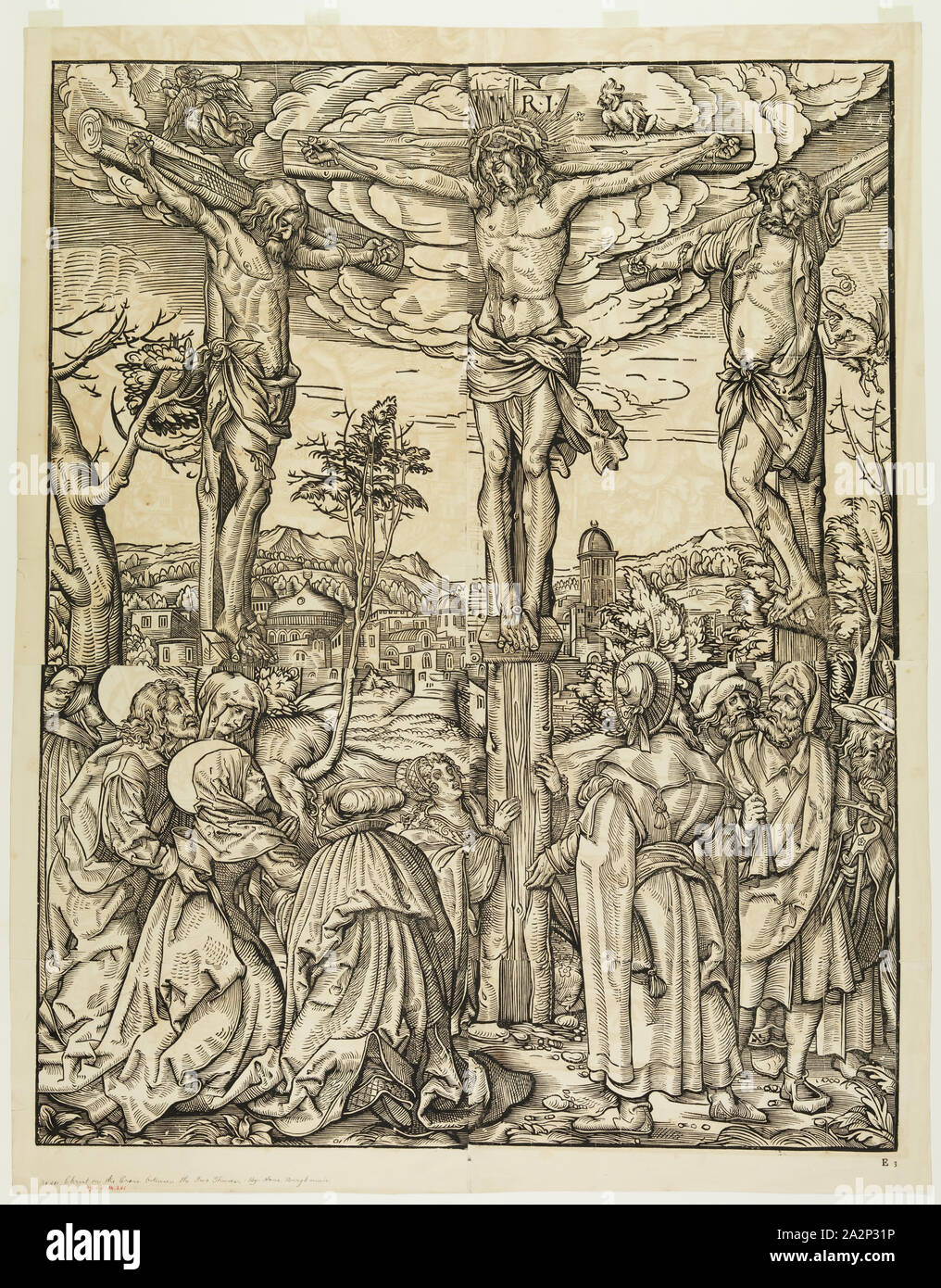 after Hans Burgkmair, German, 1473-1531, Christ on the Cross Between Two Thieves, 19th century, woodcut printed from eight blocks in black ink on wove paper, Image: 33 × 26 1/4 inches (83.8 × 66.7 cm Stock Photo