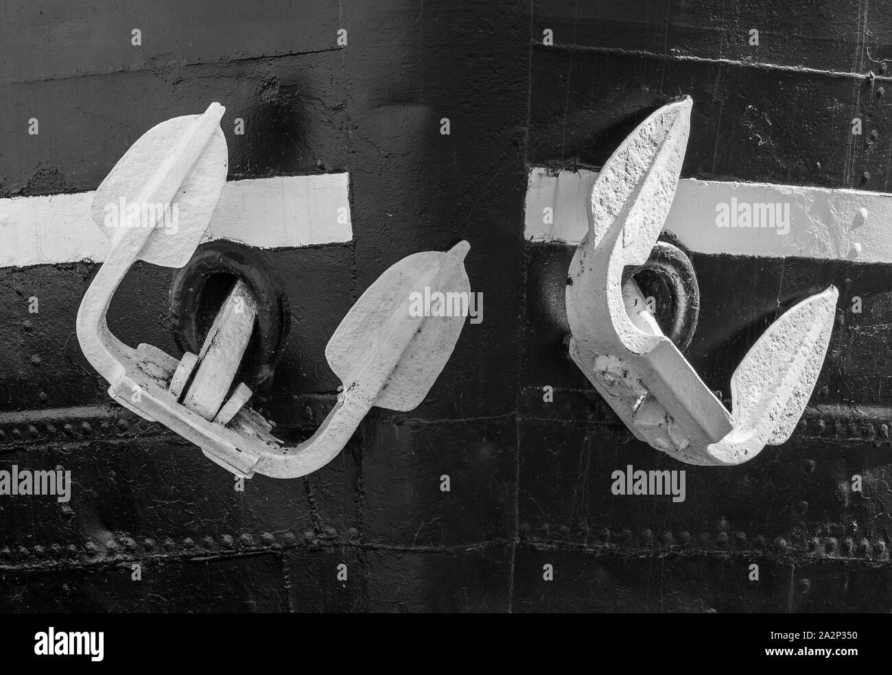 Twin anchors of iron hulled ship, Helsinki, Finland Stock Photo
