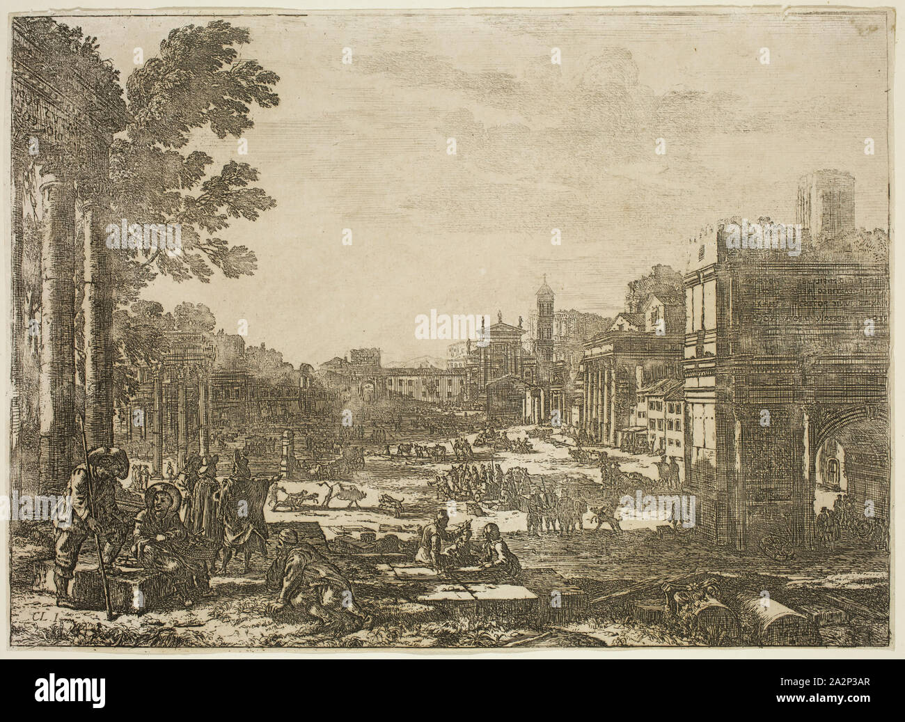 Claude Gellée, French, 1600-1682, Campo Vicino, Rome, 1636, etching printed in black ink on wove paper, Image: 7 1/8 × 10 inches (18.1 × 25.4 cm Stock Photo