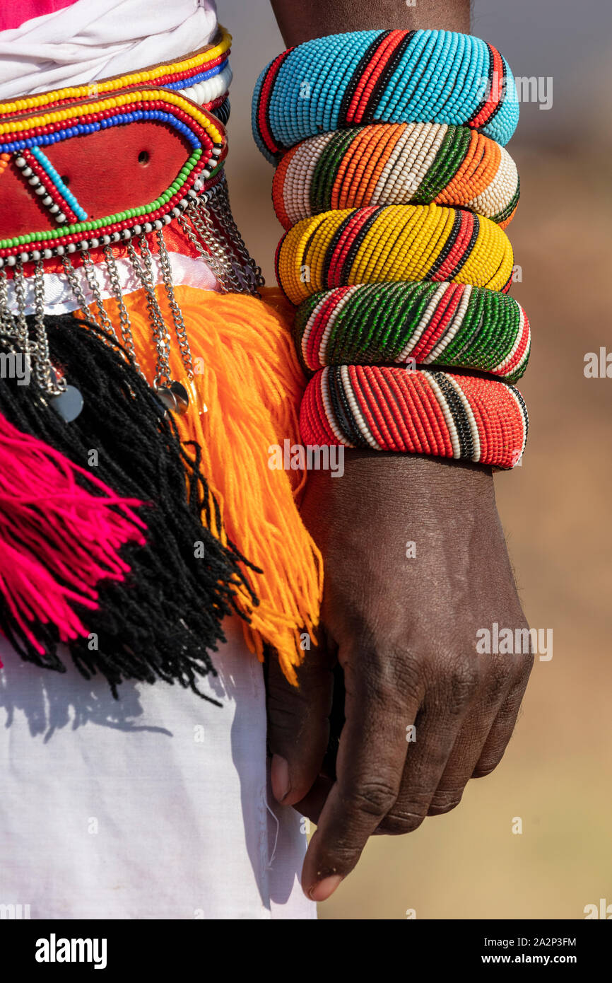 Beaded bracelets and waistband worn by Samburu tribesman, Kenya Stock Photo