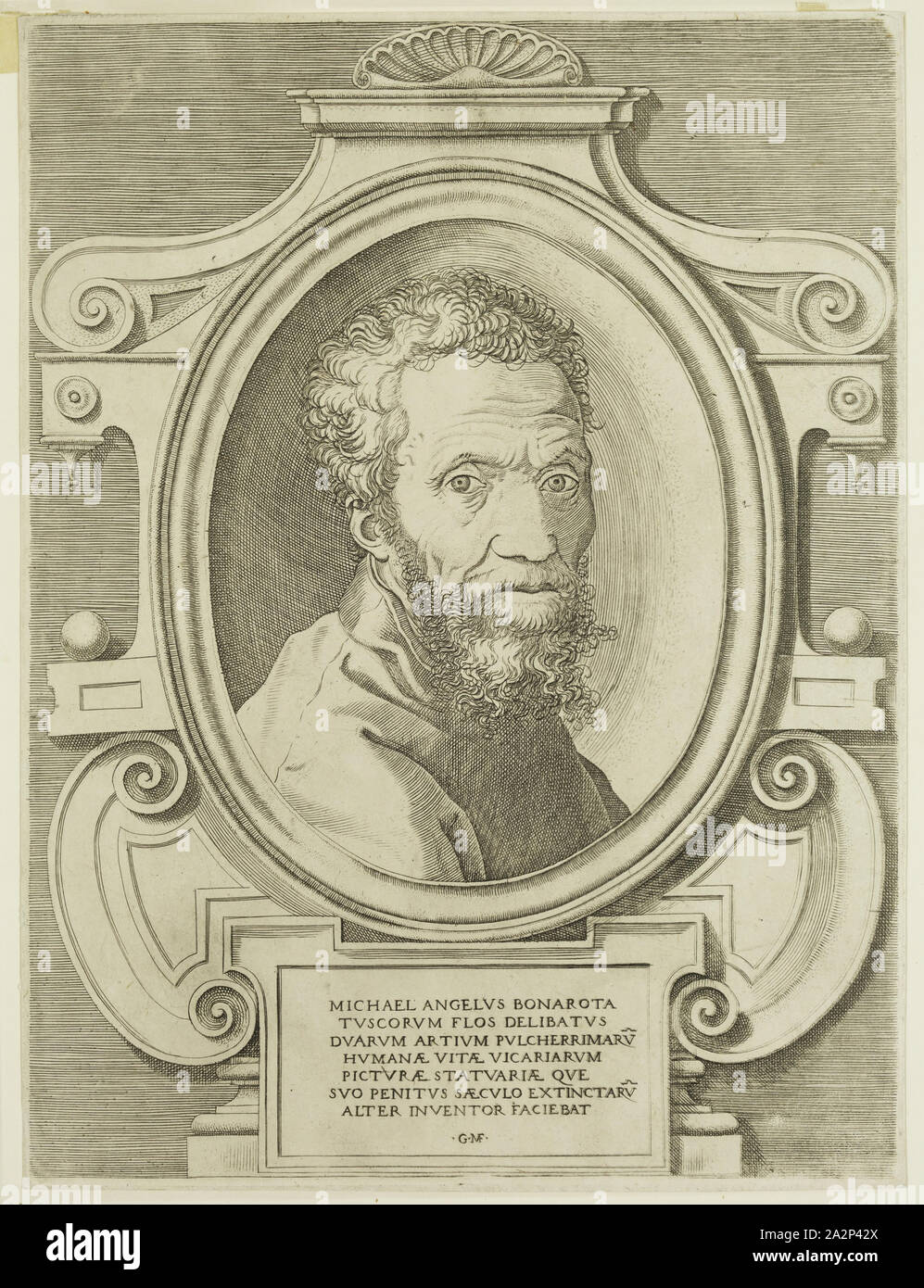 Giorgio Ghisi, Italian, 1520-1582, after Marcello Venusti, Italian, 1512-1579, Michelangelo, ca. 1565, engraving printed in black ink on laid paper, Plate: 10 1/2 × 7 3/4 inches (26.7 × 19.7 cm Stock Photo
