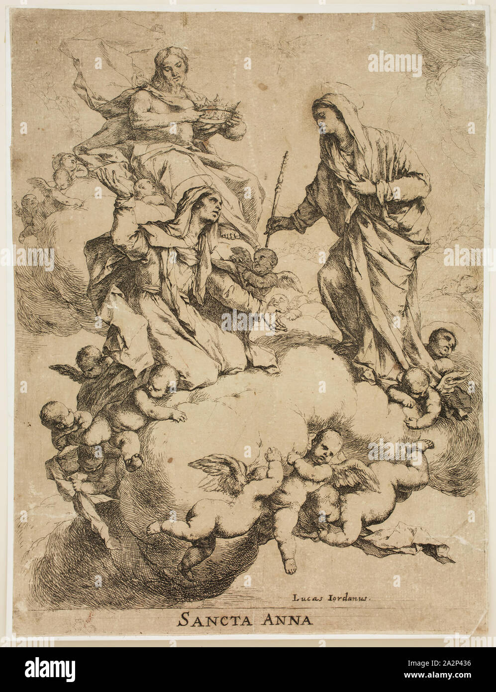 Luca Giordano, Italian, 1634-1705, Saint Anne Received into Heaven by the Holy Virgin and Jesus Christ, between 1634 and 1705, etching printed in black ink on laid paper, Sheet (trimmed within plate mark): 13 3/8 × 10 1/8 inches (34 × 25.7 cm Stock Photo