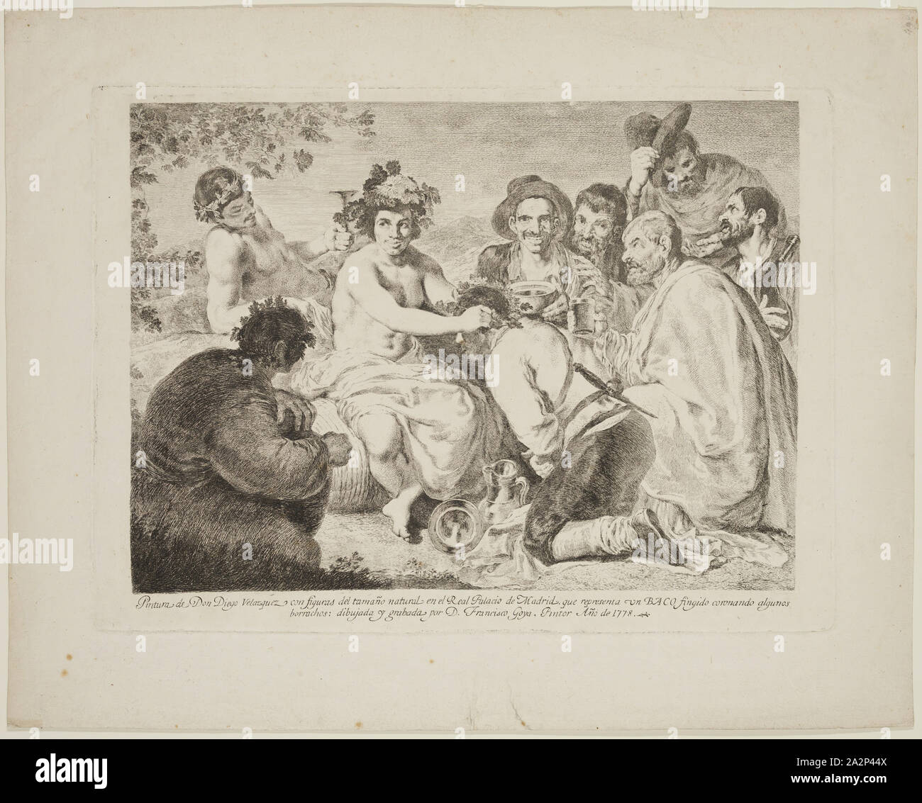 Francisco Goya, Spanish, 1746-1828, after Diego Rodríguez de Silva Velázquez, Spanish, 1599-1660, A False Bacchus Crowning Some Drunkards, ca. 1778, etching printed in black ink on laid paper, Plate: 12 5/8 × 17 1/8 inches (32.1 × 43.5 cm Stock Photo