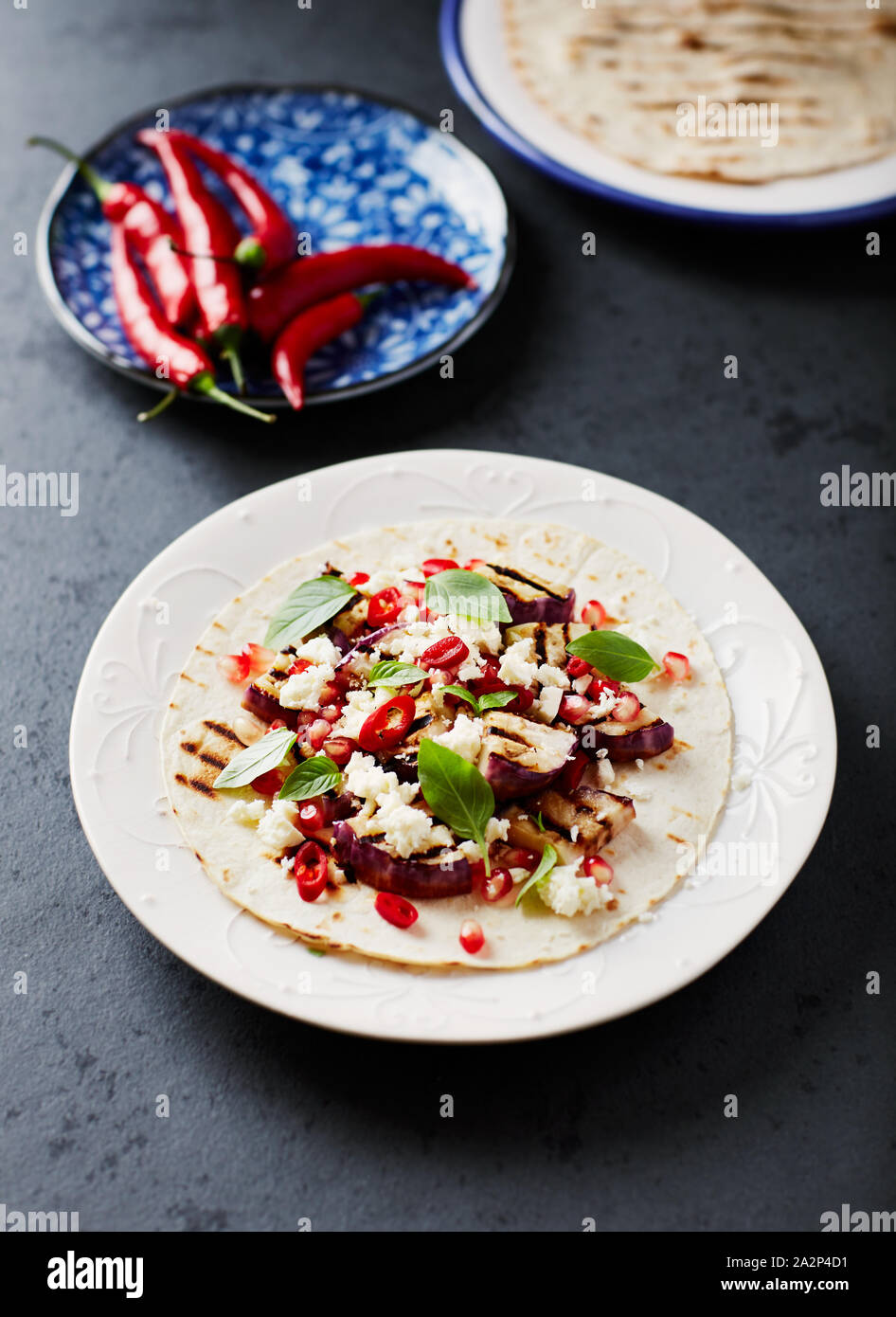 Spicy Fajita with Grilled Aubergine, Feta and Chili Pepper Stock Photo