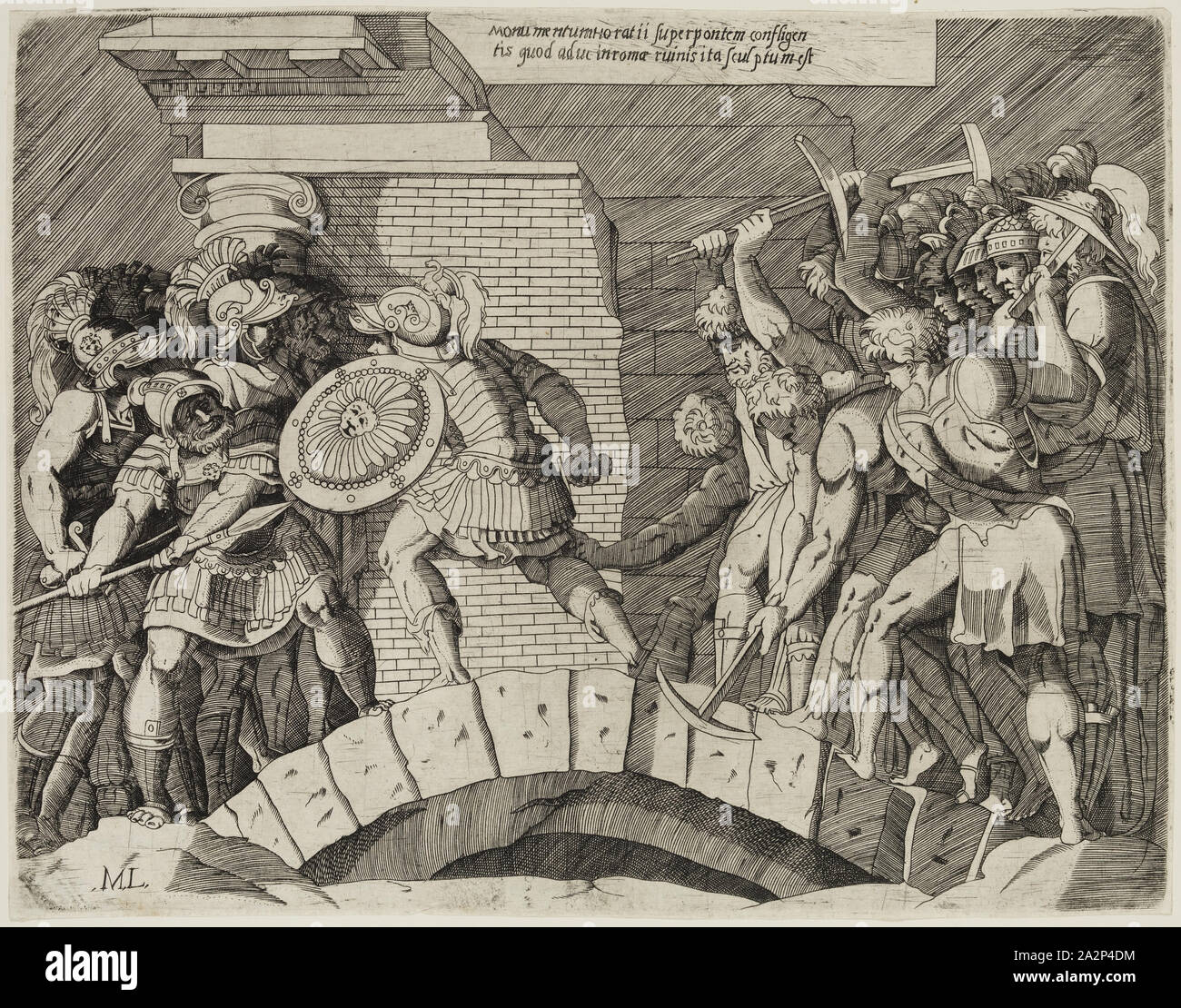Michele Greco, Italian, 1539-1604, Horatio Cocles Defending the Bridge against the Soldiers of Porsena, between 16th and 17th century, engraving printed in black ink on laid paper, Plate: 9 7/8 × 12 5/8 inches (25.1 × 32.1 cm Stock Photo