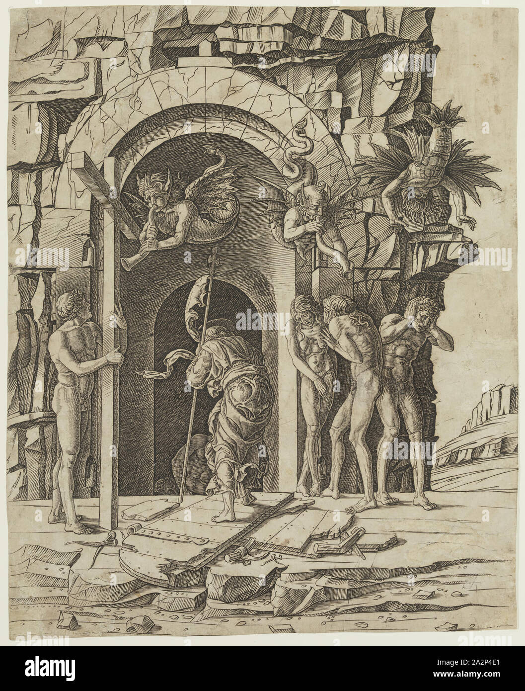 Andrea Mantegna, Italian, 1431-1506, The Descent to Hell, between 1450 and 1500, engraving printed in black ink on laid paper, Sheet (trimmed within plate mark): 16 3/8 × 13 3/8 inches (41.6 × 34 cm Stock Photo