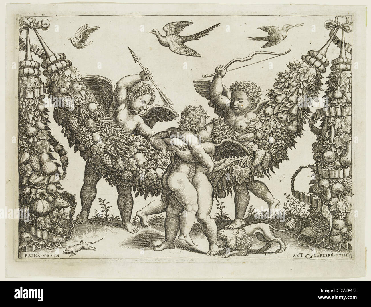 Master of the Die, Italian, after Raphael, Italian, 1483-1520, Two Putti Striking Another Who Is Squeezing a Child, 1532 or 1533, engraving printed in black ink on laid paper, Plate: 8 1/4 × 11 1/4 inches (21 × 28.6 cm Stock Photo