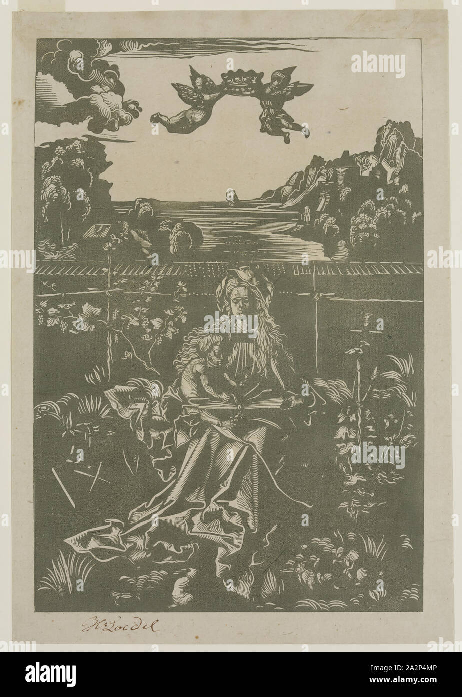 Heinrich Lodel, German, 1798-1861, after Hans Ulrich Wechtlin, The Virgin Sitting in a Garden, 19th century, woodcut printed in black ink on china paper, Image: 10 1/2 × 7 1/8 inches (26.7 × 18.1 cm Stock Photo