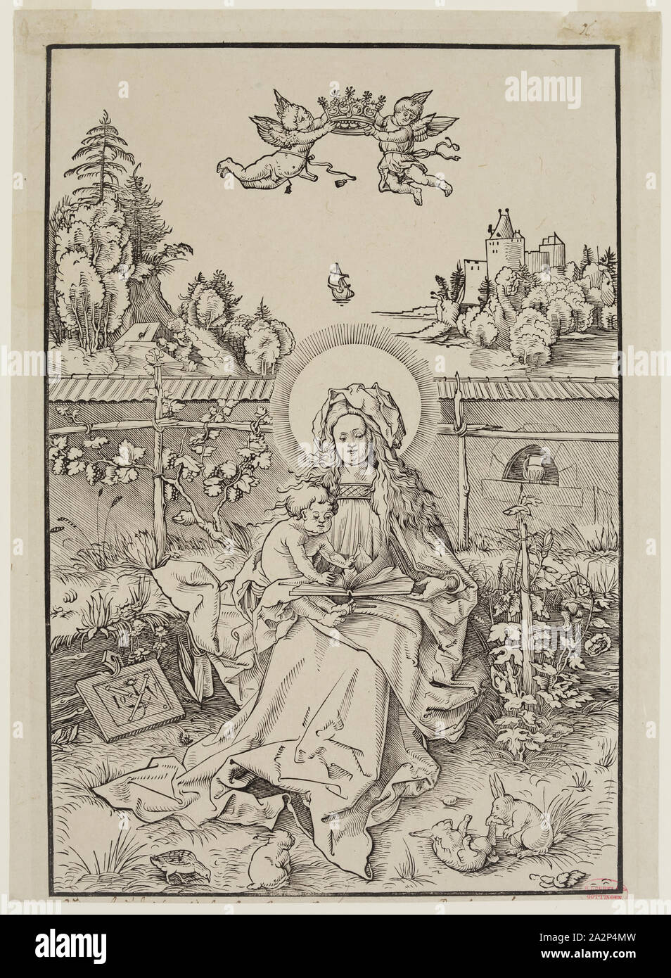 Heinrich Lodel, German, 1798-1861, after Hans Ulrich Wechtlin, The Virgin Sitting in a Garden, 19th century, woodcut printed in gray ink on china paper, Image: 10 3/8 × 7 1/8 inches (26.4 × 18.1 cm Stock Photo