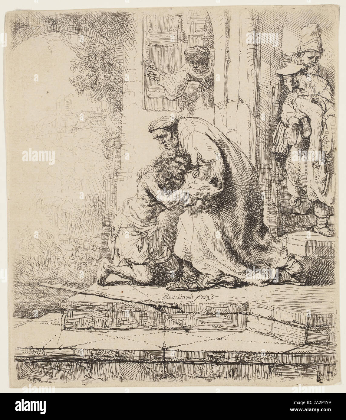 Rembrandt Harmensz van Rijn, Dutch, 1606-1669, Return of the Prodigal Son, 1636, etching printed in black ink on laid paper, Plate: 6 1/8 × 5 3/8 inches (15.6 × 13.7 cm Stock Photo