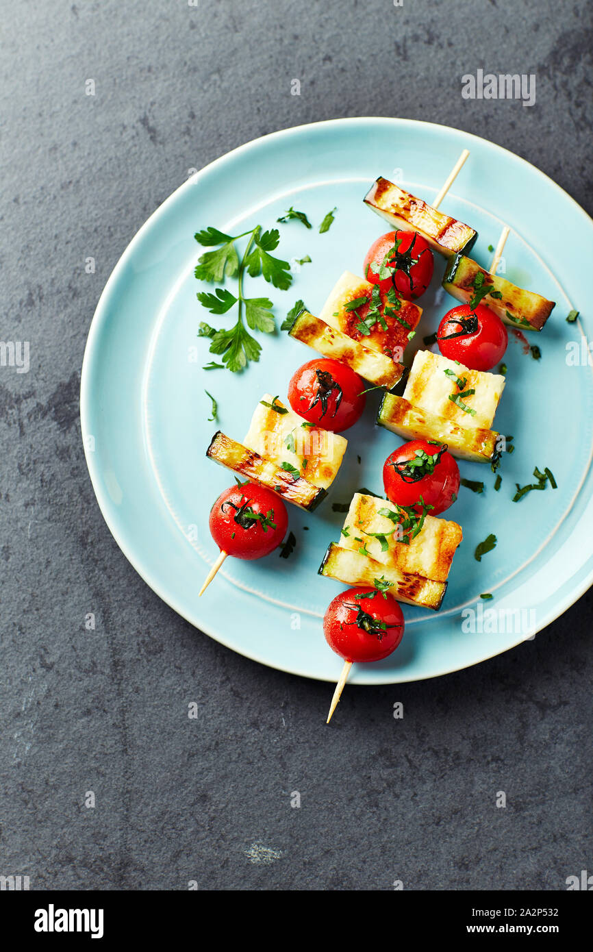 Grilled Halloumi, Cherry Tomato and Zucchini Skewers Stock Photo Alamy