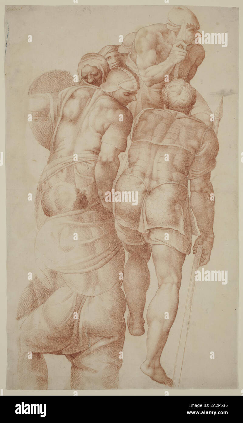 Unknown (Italian), after Michelangelo, Italian, 1475-1564, A Group of Soldiers from the Crucifixion of Saint Peter, after 1550, red chalk over a preliminary drawing in black chalk on cream antique laid paper, Sheet: 16 × 9 5/8 inches (40.6 × 24.4 cm Stock Photo