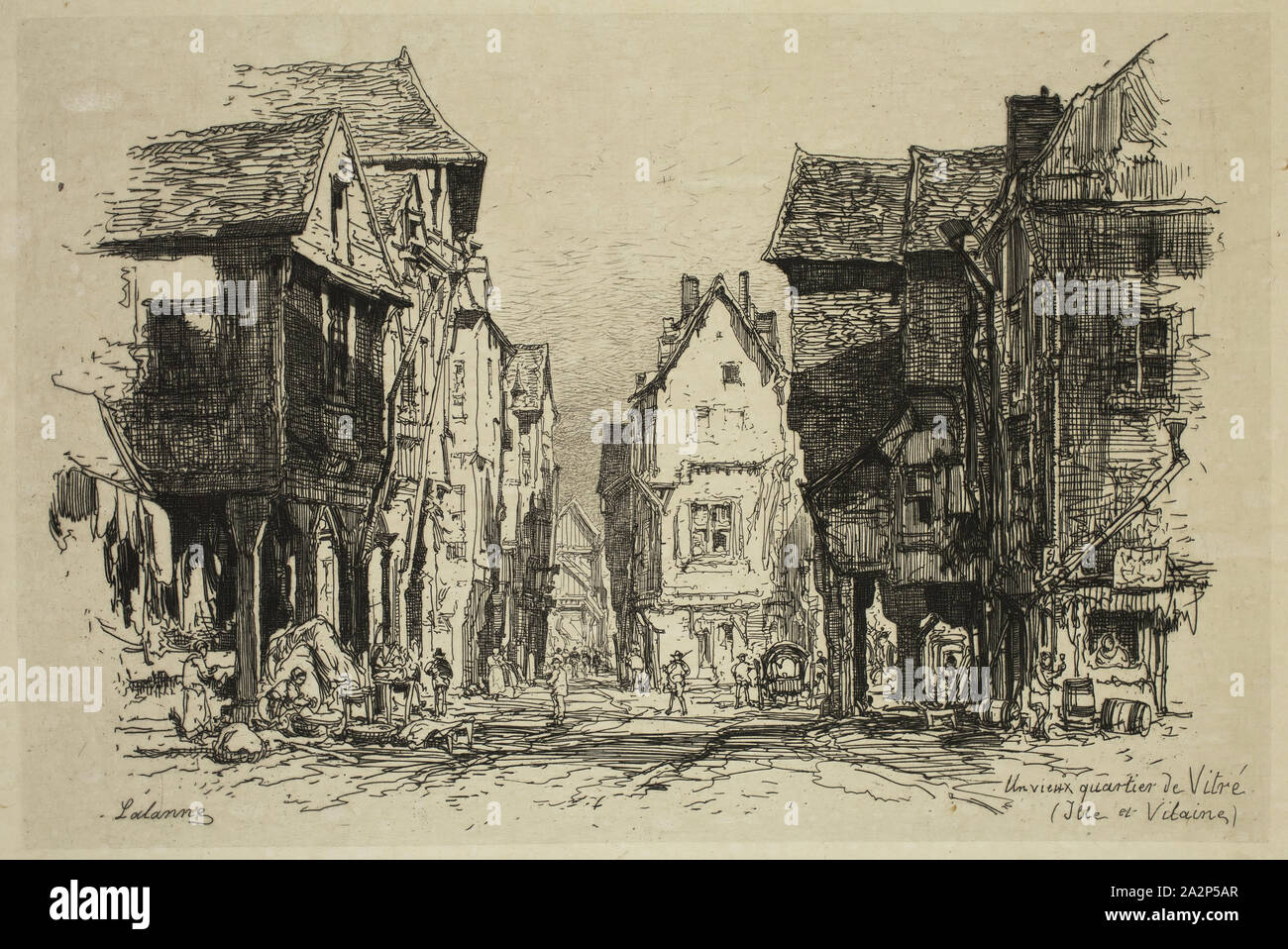 Maxime François Antoine Lalanne, French, 1827-1886, Un vieux quartier de Vitre, 1879, etching printed in black ink on japan paper mounted on paperboard, Plate: 7 7/8 × 11 1/8 inches (20 × 28.3 cm Stock Photo
