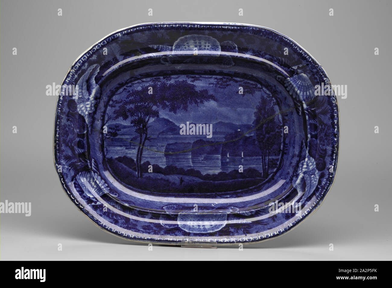 Catskill Mountains, Hudson River Platter, between 1820 and 1840, white earthenware with blue transfer-printed decoration, Overall: 1 1/2 × 10 7/8 × 8 1/2 inches (3.8 × 27.6 × 21.6 cm Stock Photo