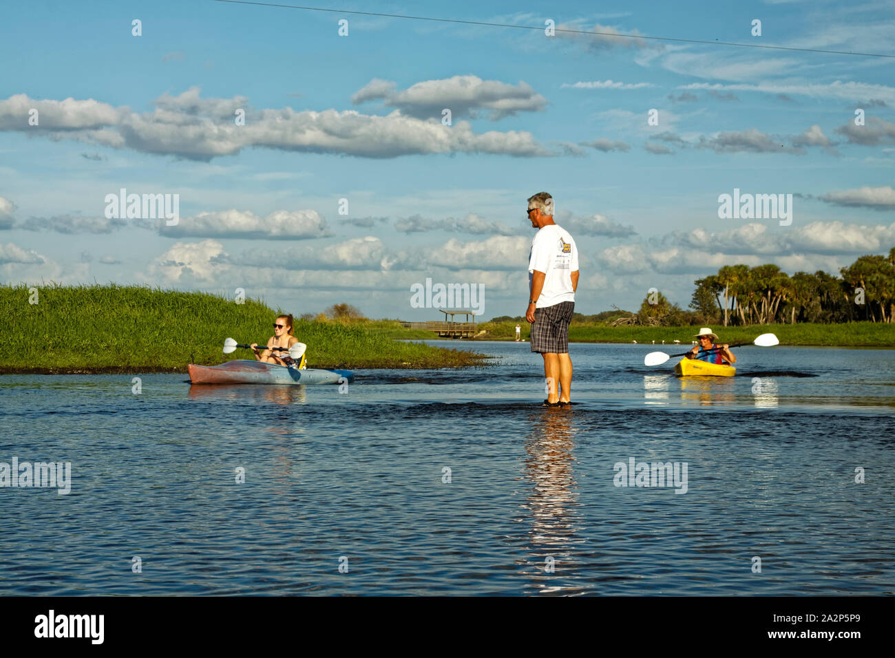 shallow water, man ready to pull kayaks through, helpful, sport, recreation, boats, Myakka River State Park; Sarasota; FL, Florida; autumn; horizontal Stock Photo