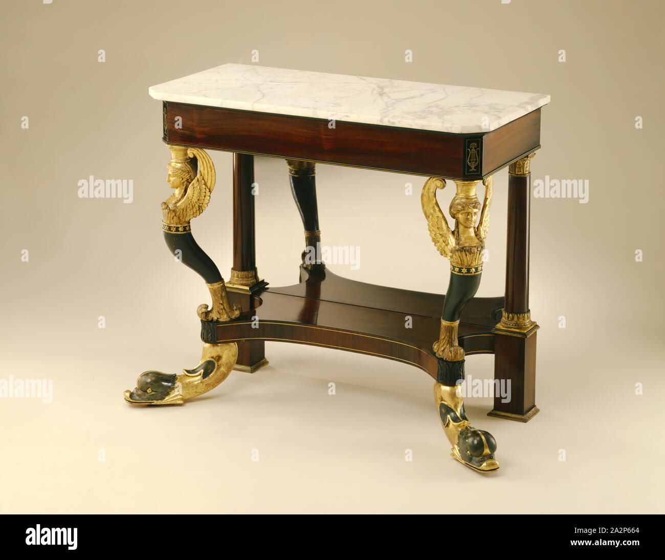 attributed to Charles-Honoré Lannuier, American, 1779-1819, Pier Table, ca. 1815, rosewood, marble, brass, gilt and verd antique, Overall: 34 3/4 × 43 × 20 inches (88.3 × 109.2 × 50.8 cm Stock Photo