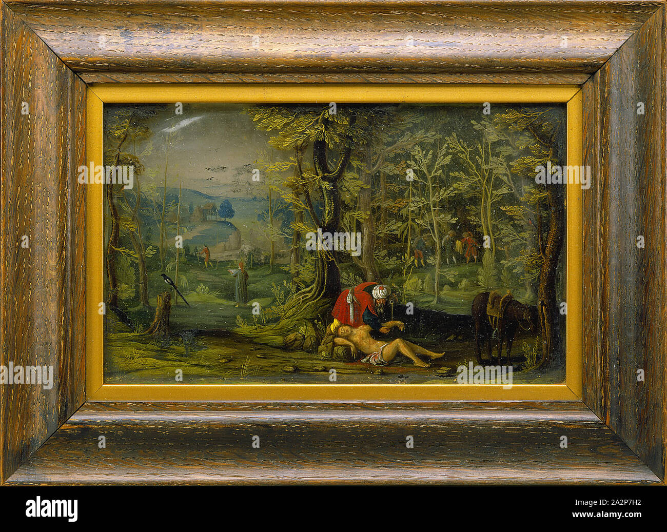 Daniel Bretschneider the Younger, German, active 1623-1658, The Good Samaritan, 1635, oil, glass, mica, Unframed: 4 3/4 × 7 5/8 × 1 1/8 inches (12.1 × 19.4 × 2.9 cm Stock Photo