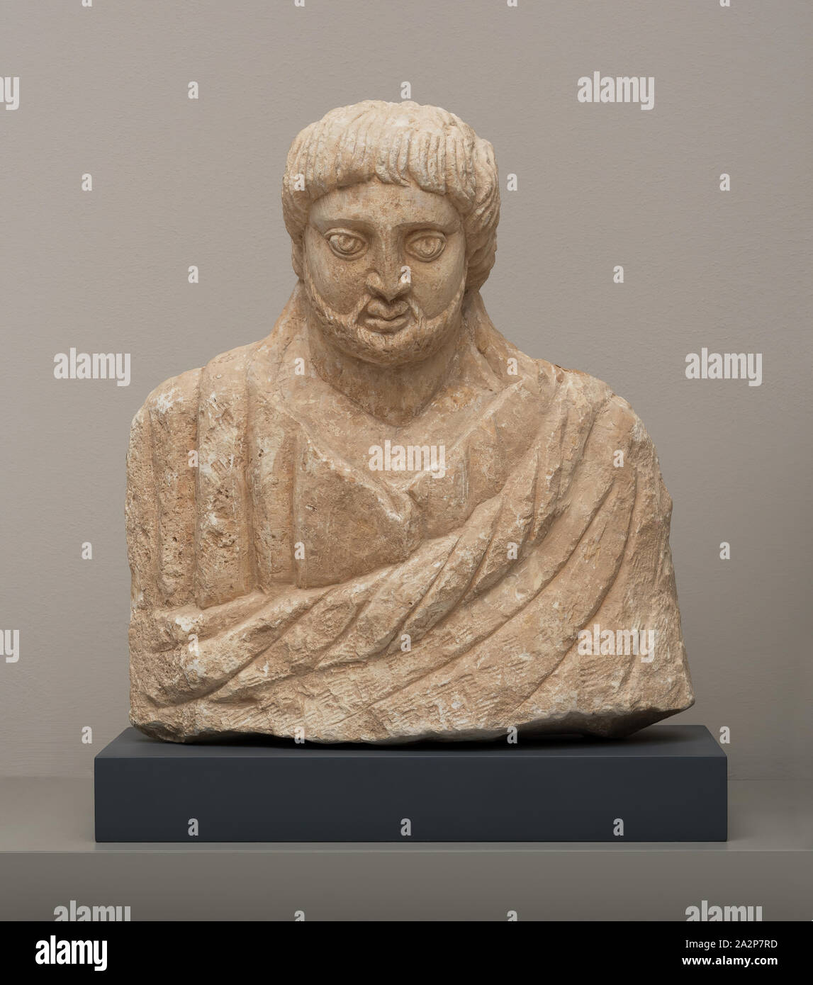 Roman, Bust of Bearded Man, 1st or 2nd century CE, Limestone, Including base: 21 1/8 × 18 × 9 3/4 inches (53.7 × 45.7 × 24.8 cm Stock Photo
