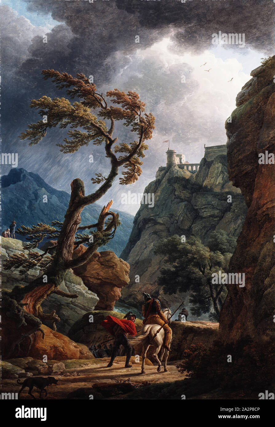 Claude Joseph Vernet, French, 1714-1789, Soldiers in a Mountain Gorge, with a Storm, 1789, oil on canvas, Unframed: 63 × 43 5/16 inches (160 × 110 cm Stock Photo