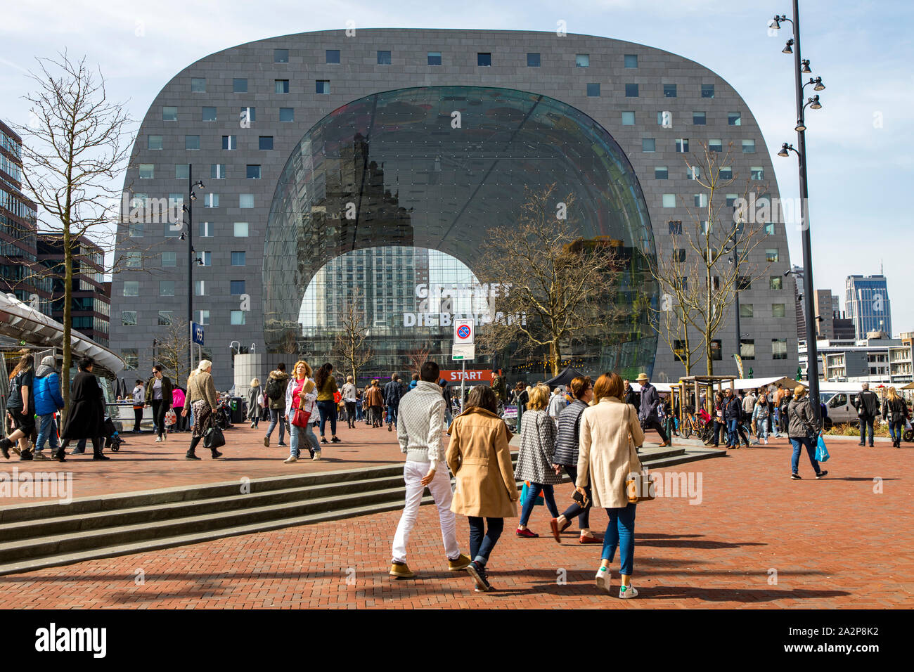 The Markthal in Rotterdam, Netherlands, inside a large market with
