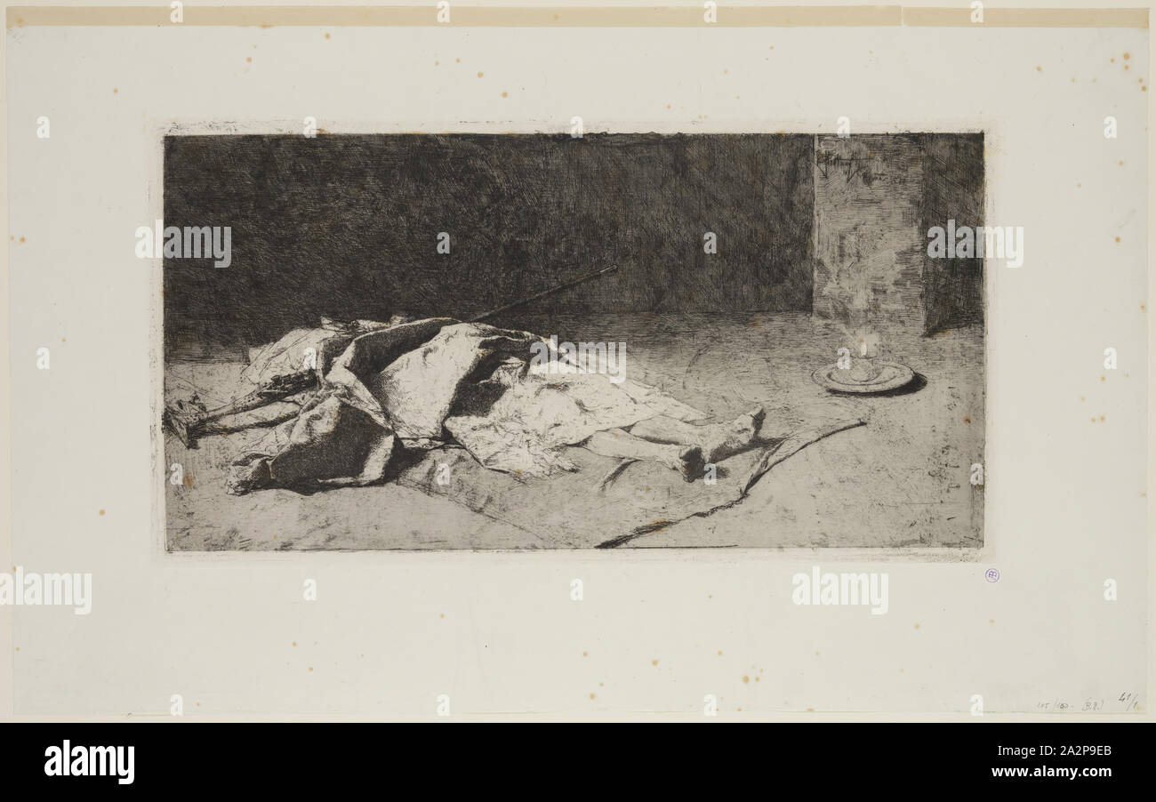 Mariano José María Bernardo Fortuny Marsal, Spanish, 1838-1874, Kabyle Mort, 1886, etching printed in black ink on laid japan paper, Plate: 8 1/2 × 16 1/8 inches (21.6 × 41 cm Stock Photo