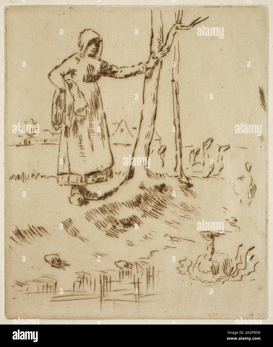 Jean-François Millet, French, 1814-1875, La Gardeuse d'oies, between 1855 and 1856, drypoint printed in brown ink on laid paper, Plate: 5 5/8 × 4 3/4 inches (14.3 × 12.1 cm Stock Photo