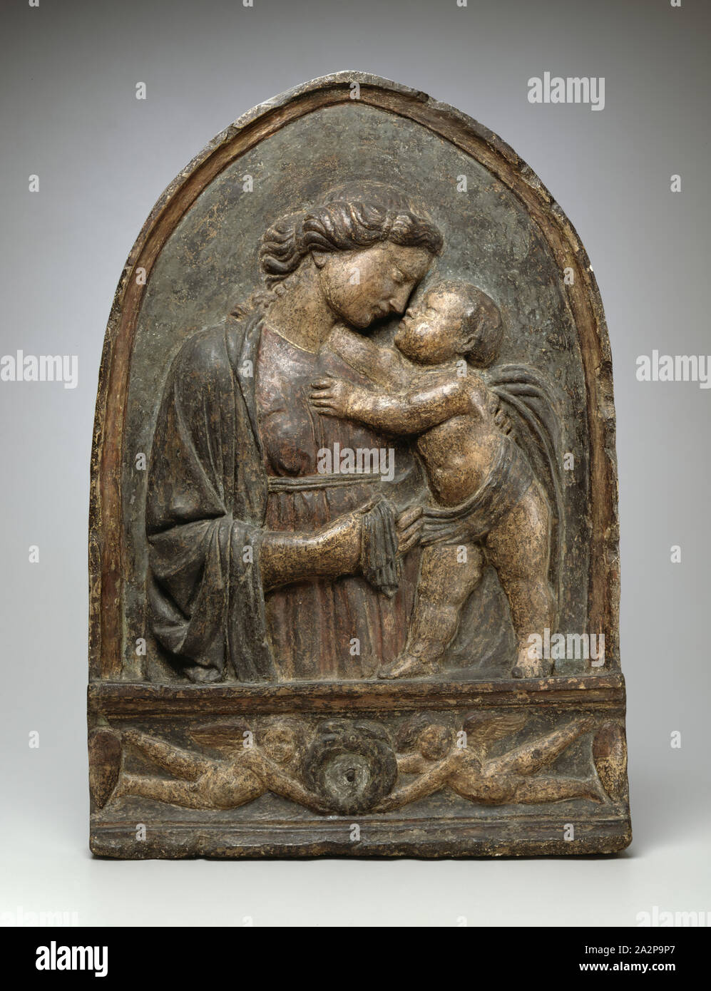 Andrea di Lazzaro Cavalcanti, Italian, 1412 - 1461/62, Madonna and Child, c. 1440/1450, Terracotta with polychrome decoration, Overall: 31 7/8 × 22 × 3 1/4 inches (81 × 55.9 × 8.3 cm Stock Photo