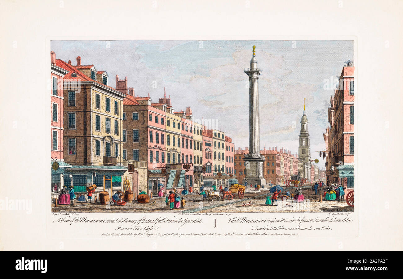 A view of the Monument erected in memory of the dreadfull fire in the year 1666.  London, England.  After a print dated 1752 from a work by Caneletto.  Published by Robert Sayer.  Later colourization. Stock Photo
