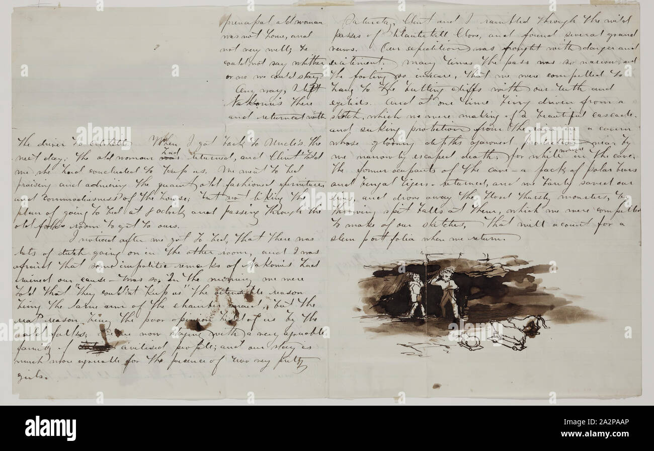 Homer Dodge Martin, American, 1836-1897, Autographed Letter, middle 19th/late 19th Century, Pencil landscape drawing in letter written pen and brown ink with additional sketch in pen and brown ink on lined off white wove writing paper, Folded sheet: 9 3/4 x 7 13/16 in. (24.8 x 19.9 cm Stock Photo