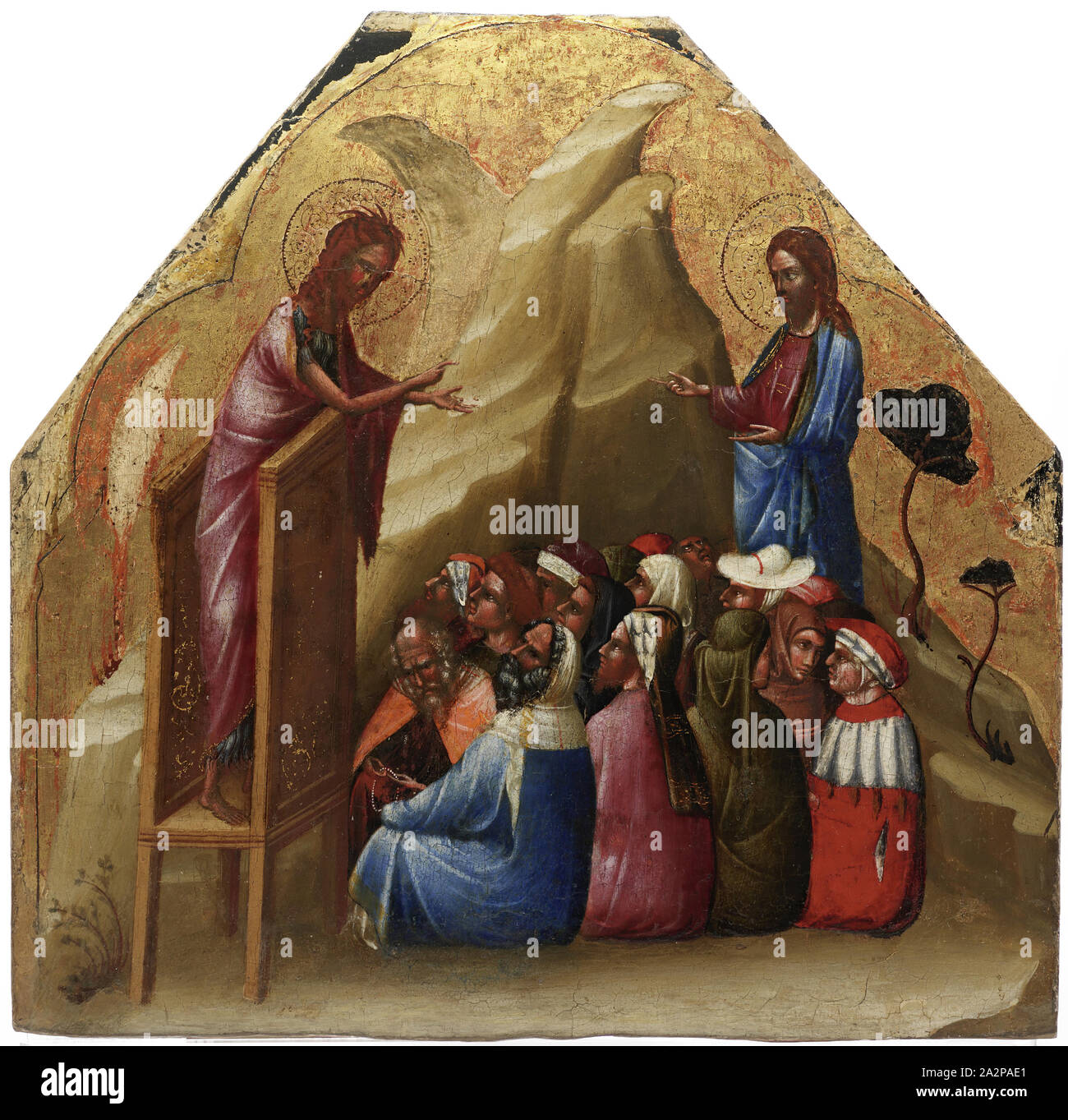 workshop of Lorenzo Veneziano, Italian, active 1356-1372, Saint John the Baptist Preaching, ca. 1370, tempera on wood panel, Overall: 11 1/2 × 11 11/16 × 1 1/16 inches (29.2 × 29.7 × 2.7 cm Stock Photo