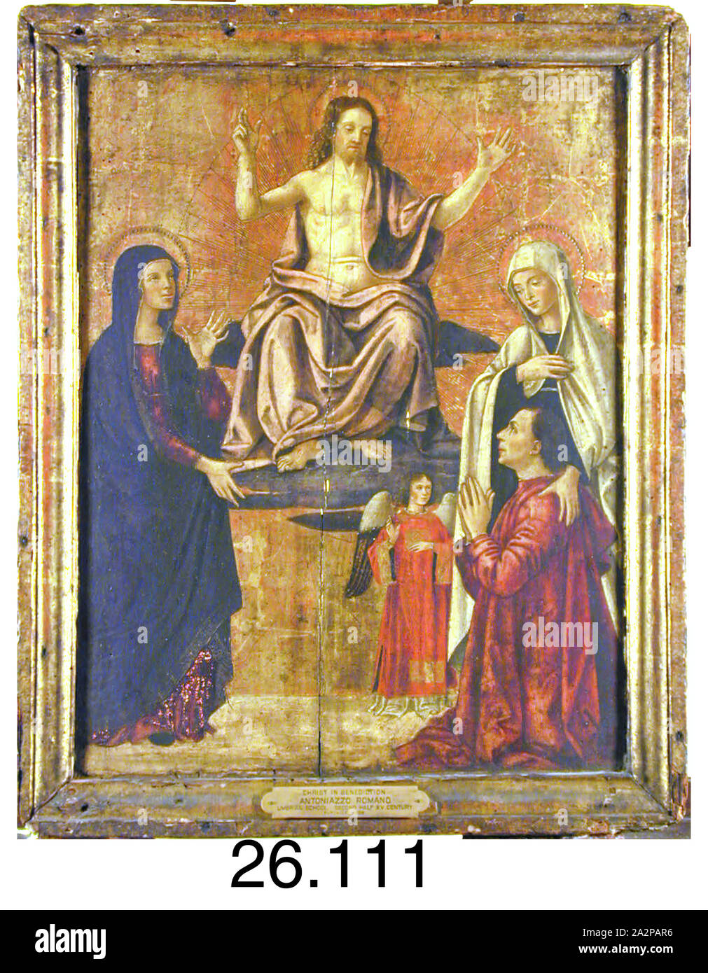 Antoniazzo Romano, Italian, Christ Enthroned, the Virgin, Saint Francesca Romana, an Angel and Donor, 1470/1475, tempera on wood panel, Over all: 20 7/8 x 16 1/8 x 2 3/8 in (53 x 43.5 x 6.0 cm Stock Photo