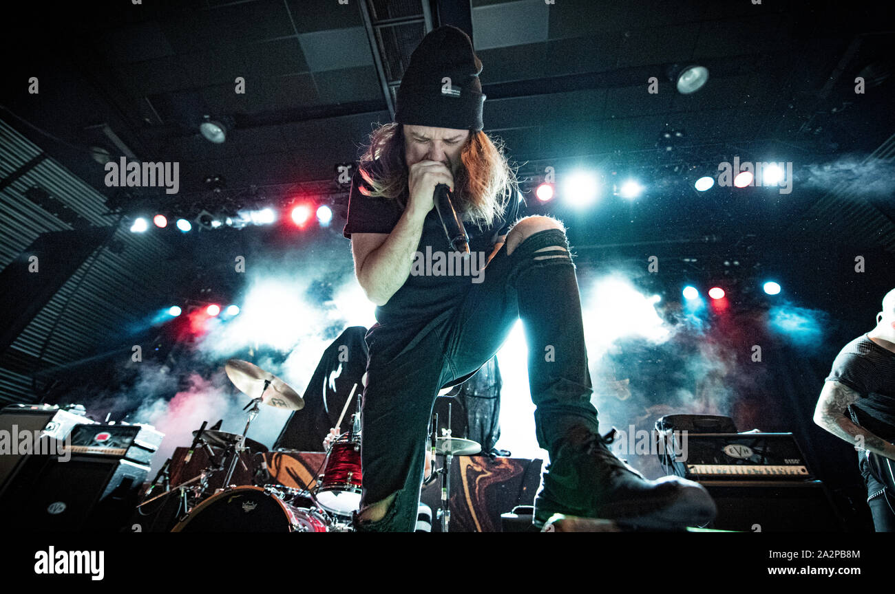 Copenhagen, Denmark. 2nd Oct, 2019. The American metalcore band Fit For A  King performs a live concert at Amager Bio in Copenhagen. Here vocalist Ryan  Kirby is seen live on stage. (Photo