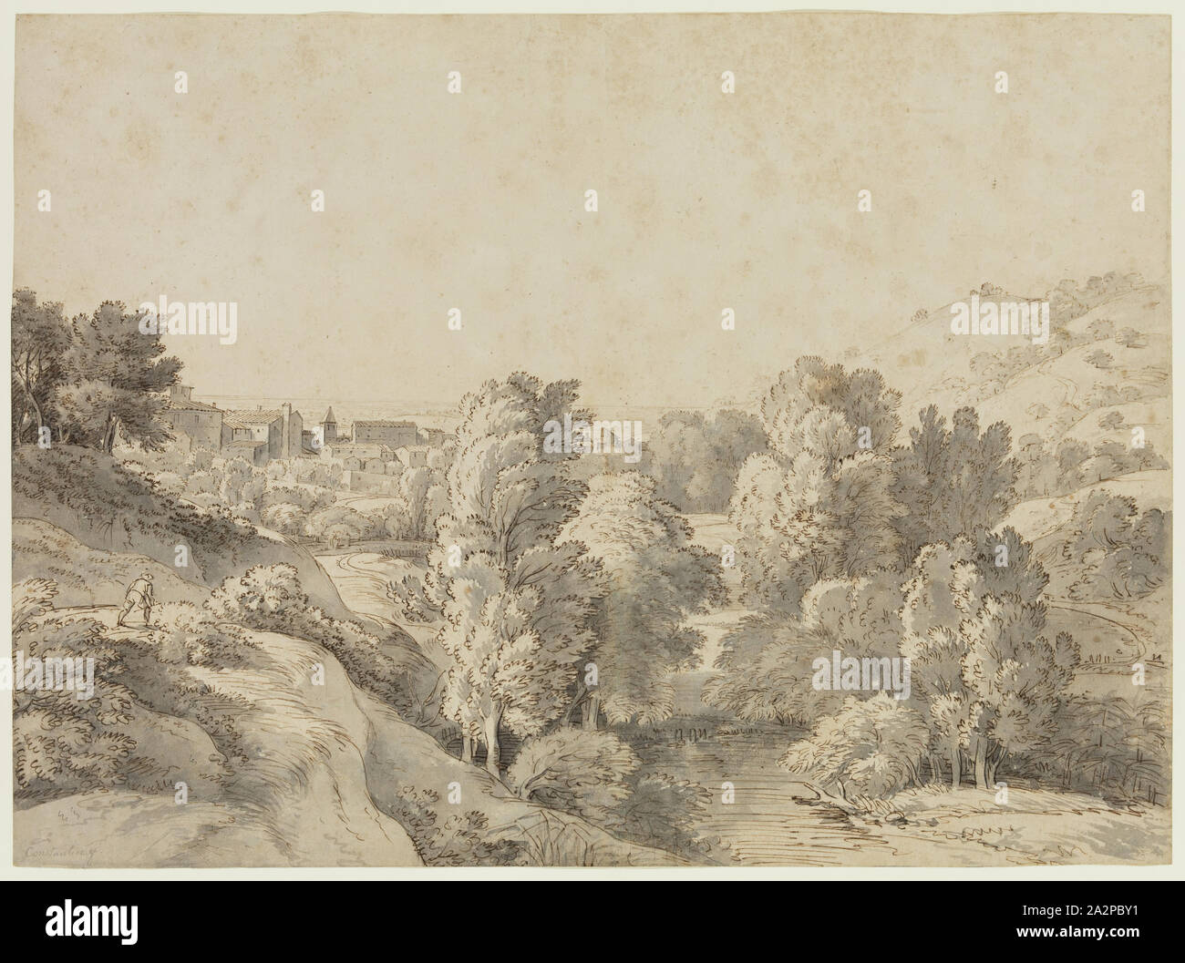 Jean Antoine Constantin, French, 1756-1844, Landscape, Pen and brown ink with brush and grey wash on cream laid paper, Sheet: 15 1/4 x 20 5/8 in. (38.8 x 52.4 cm Stock Photo