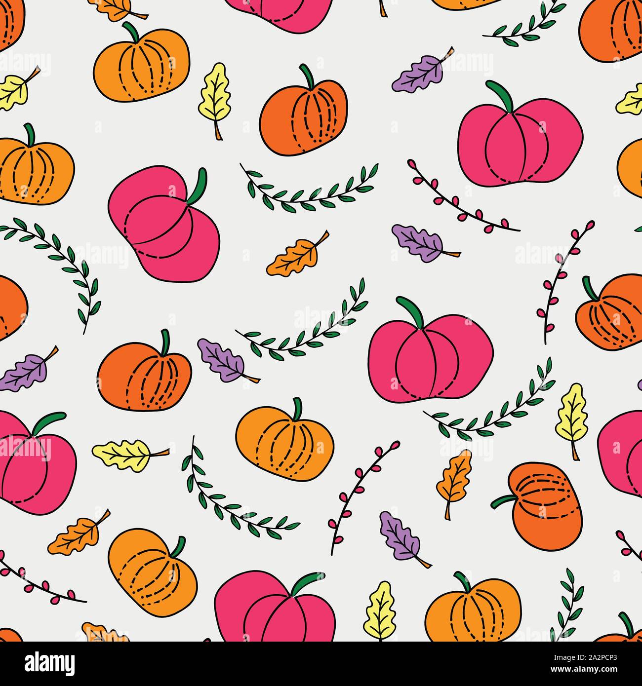 Fall hand-drawn doodles of pumpkins and autumn leaves on a seamless ...