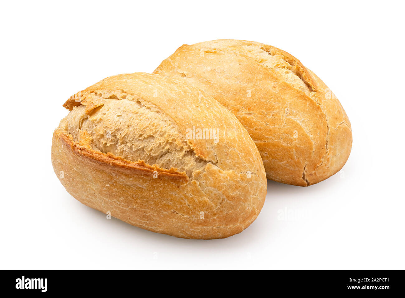 Two white french bread rolls isolated on white. Stock Photo