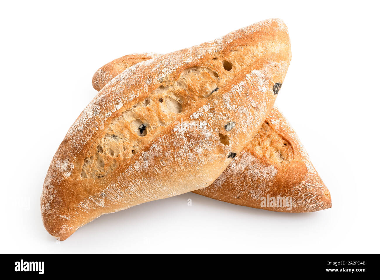 Two ciabatta olive bread rolls isolated on white. Stock Photo