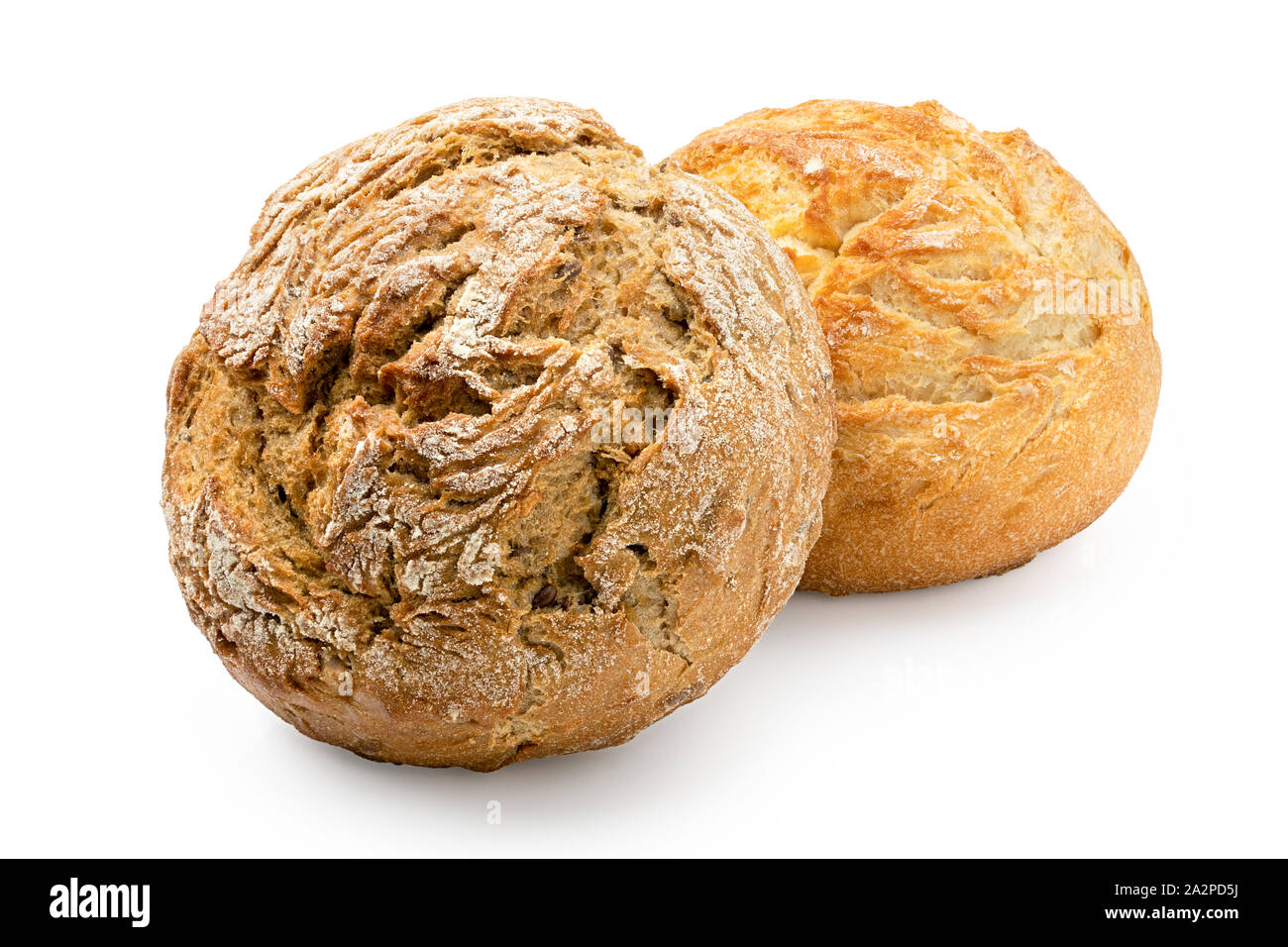 Two round rustic bread rolls isolated on white. White and whole wheat. Stock Photo