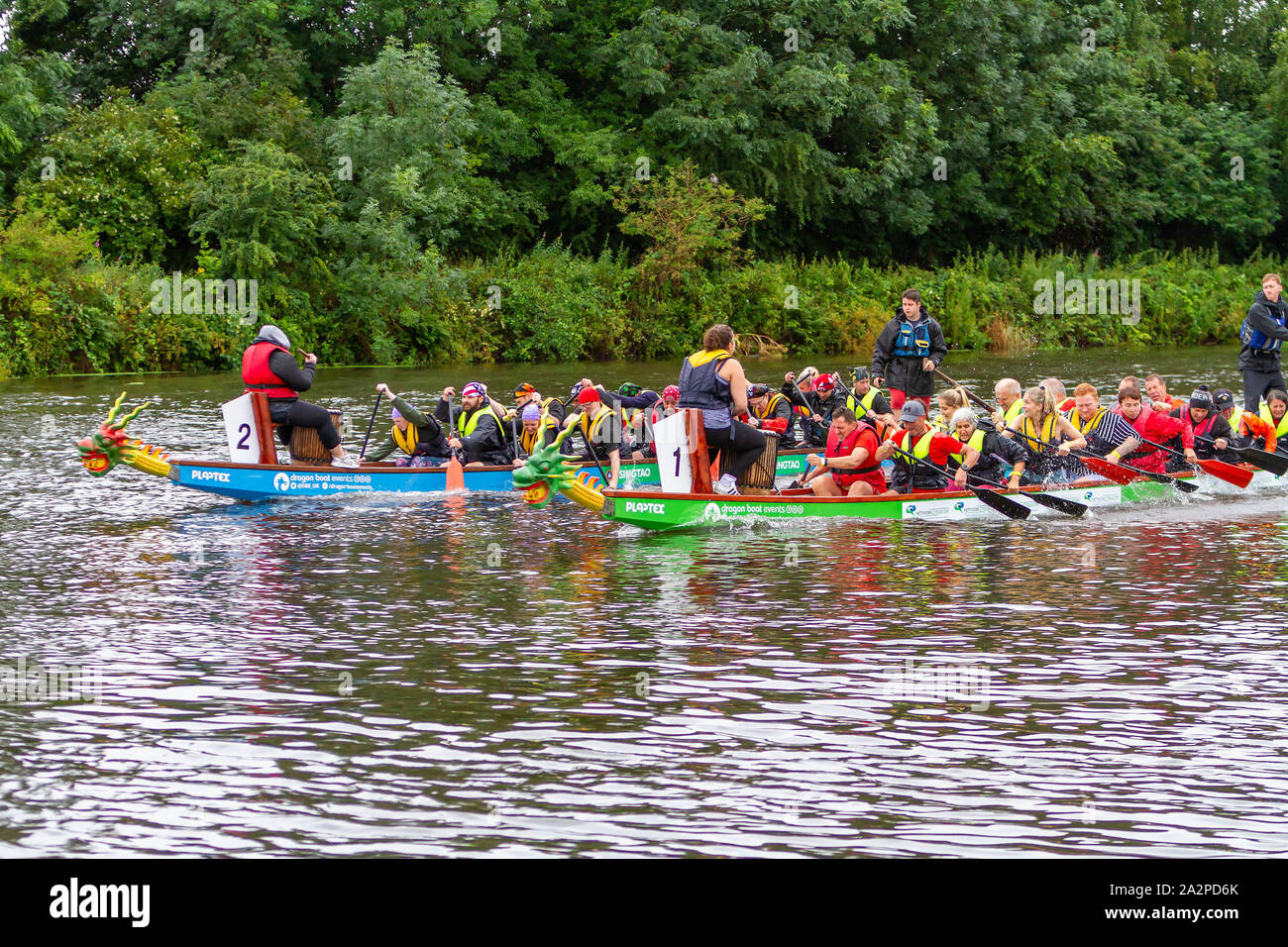 Dragon Boat Race 2019 in aid of St Rocco's Hospice, held at Warrington Rowing Club, Cheshire, England Stock Photo