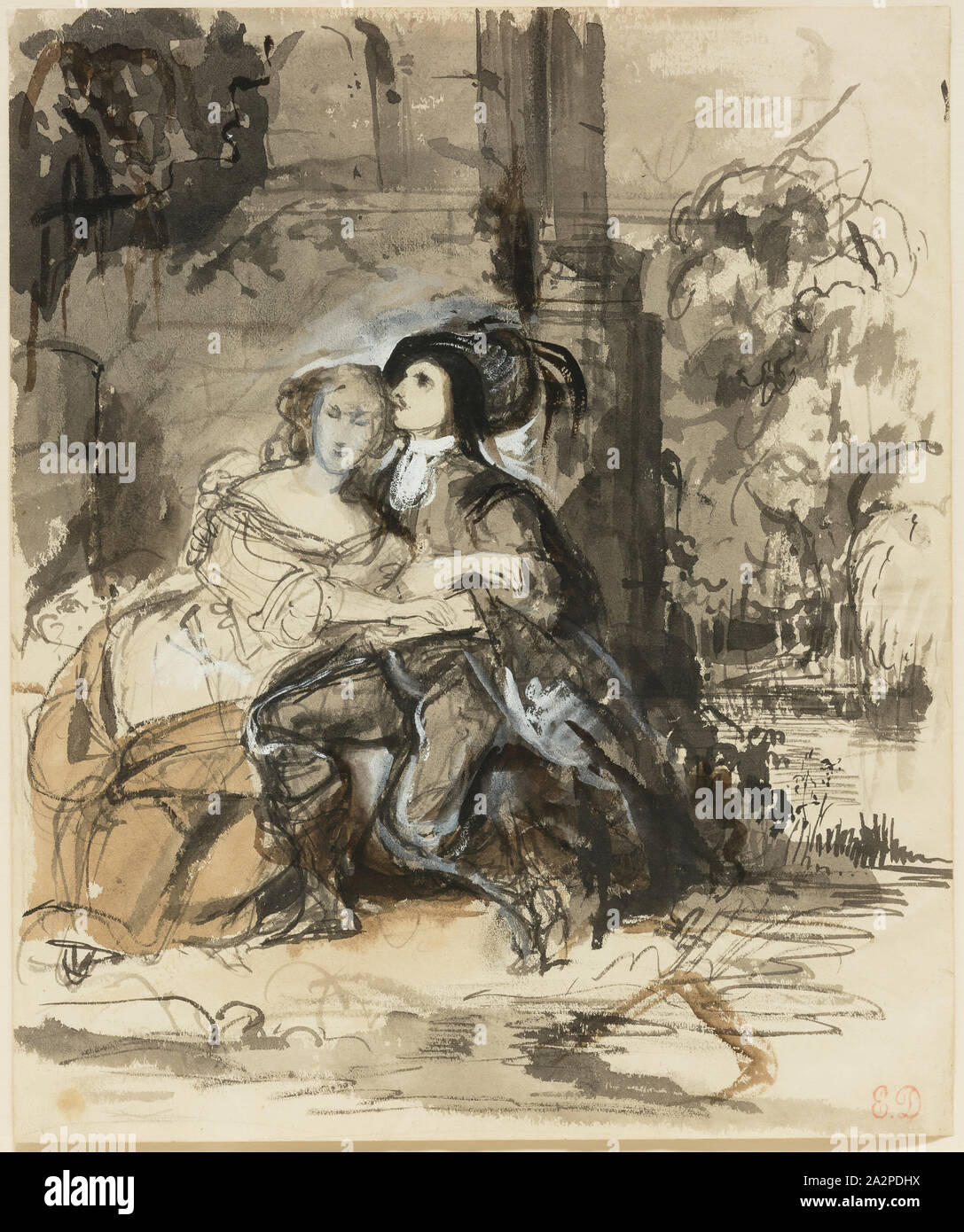 Eugène Delacroix, French, 1798-1863, Ravenswood and Lucy at the Mermaiden's Fountain, c. 1829, Black, brown, and grey washes, heightened with white on wove paper, Sheet: 8 5/8 x 7 3/16 in. (21.9 x 18.3 cm Stock Photo