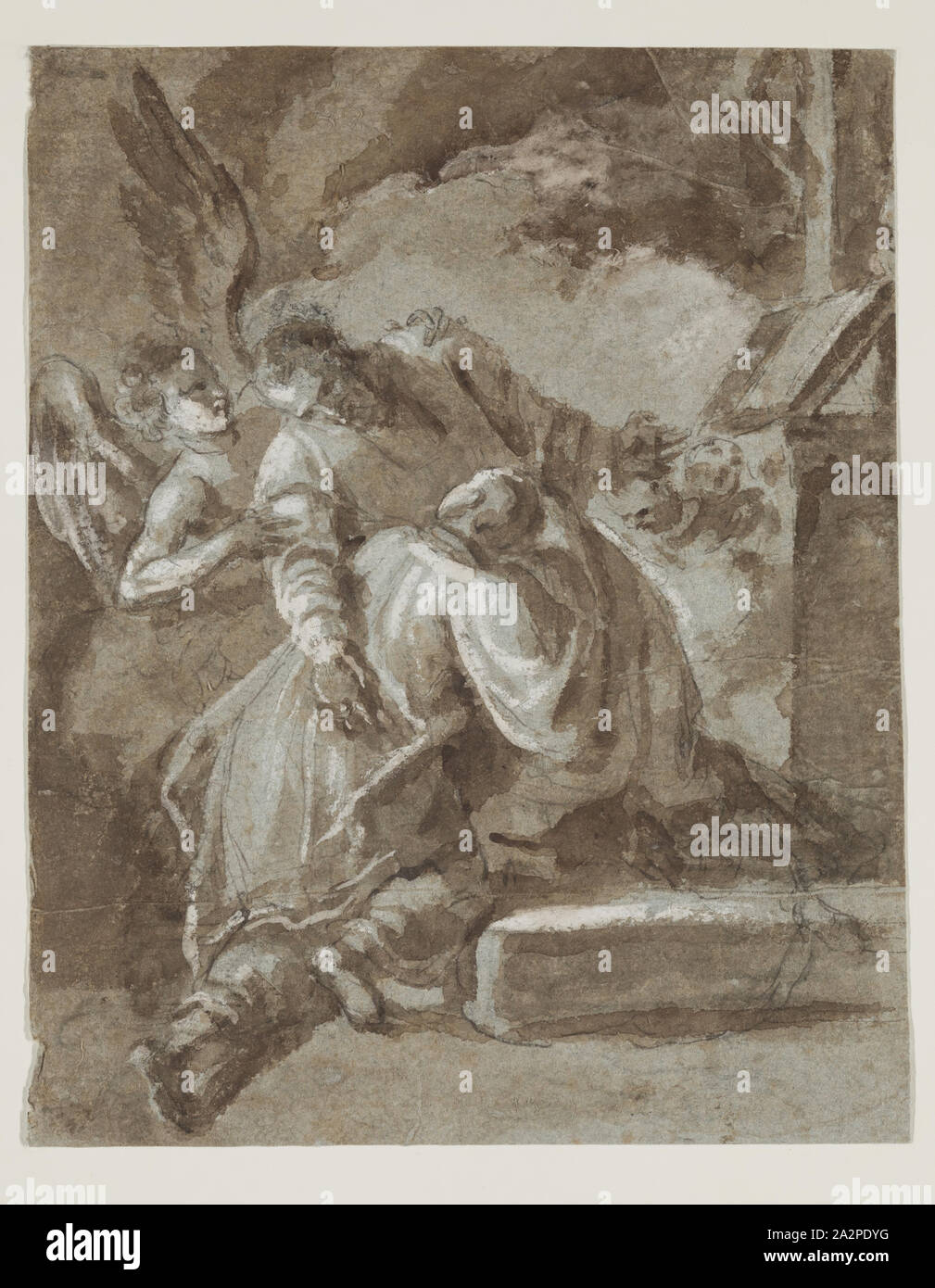 Unknown (Italian), Saint in Prayer, 17th century, graphite and brown wash, heightened with white on blue laid paper Stock Photo