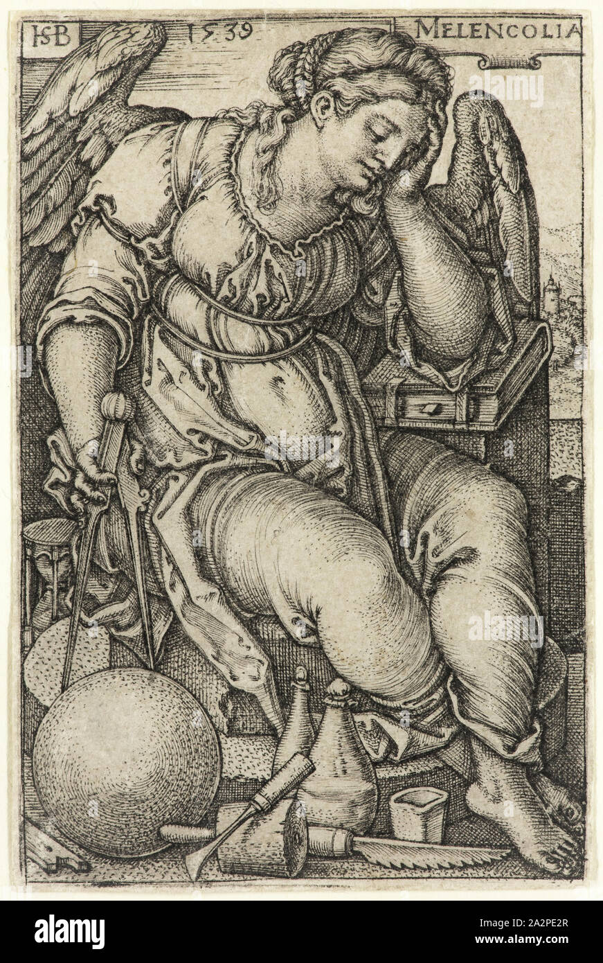 Hans Sebald Beham, German, 1500-1550, Melancholia, 1539, engraving printed in black ink on laid paper, Sheet (trimmed within plate mark): 3 1/8 × 2 inches (7.9 × 5.1 cm Stock Photo