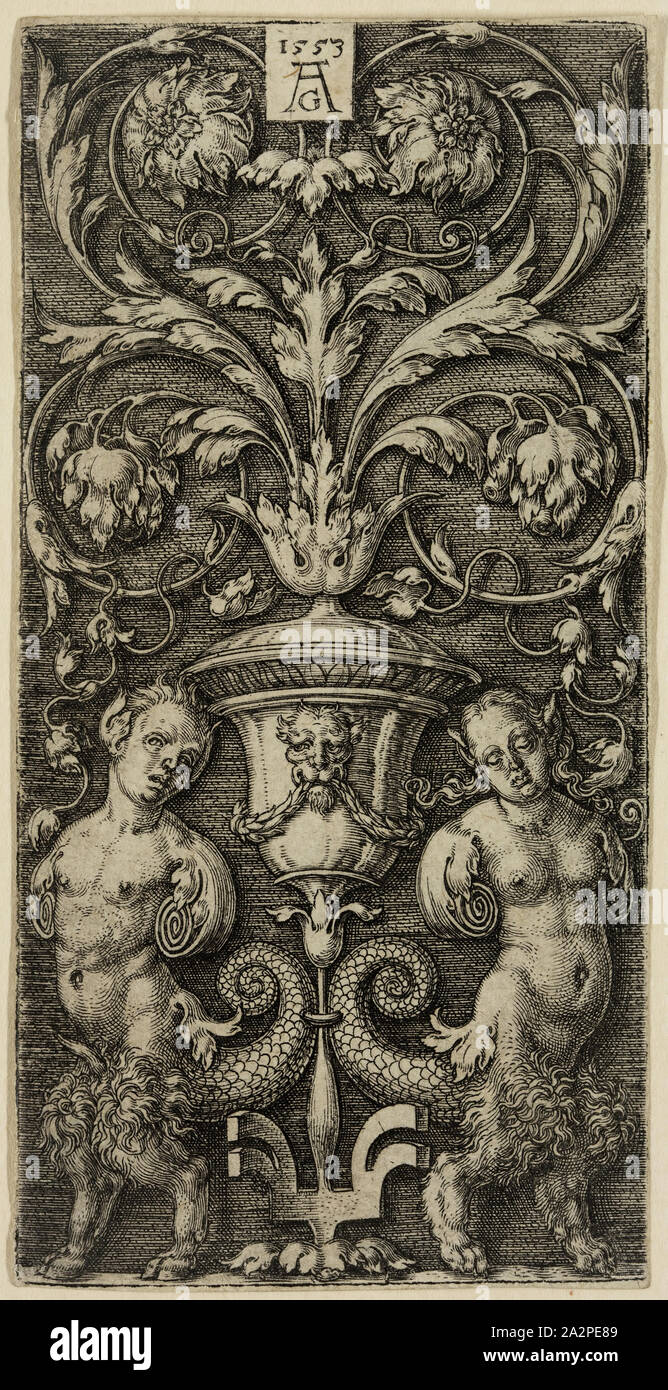 Heinrich Aldegrever, German, 1502-1561, Ascending Ornament with a Vase between Two Chimeric Figures, 1553, engraving printed in black ink on laid paper, Sheet (trimmed within plate mark): 3 7/8 × 2 inches (9.8 × 5.1 cm Stock Photo