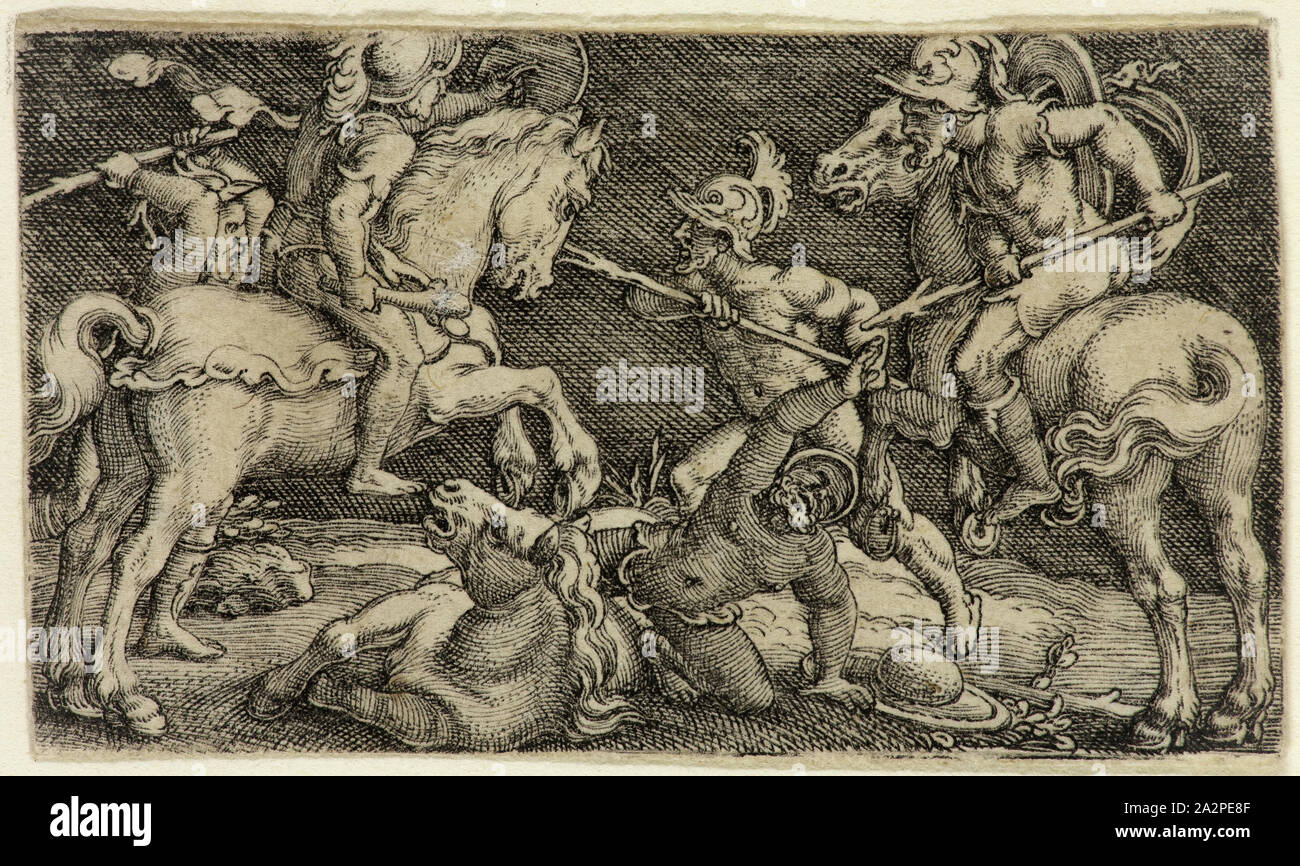 Barthel Beham, German, 1502-1540, Battle with Two Armoured Horsemen and Three Foot Soldiers, between 1502 and 1540, engraving printed in black ink on laid paper, Sheet (trimmed within plate mark): 1 1/4 × 2 1/4 inches (3.2 × 5.7 cm Stock Photo
