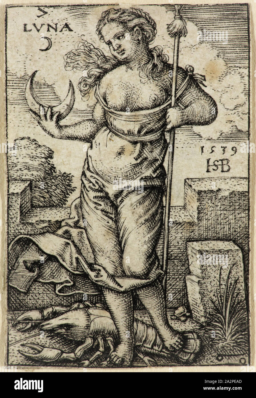 Hans Sebald Beham, German, 1500-1550, Luna, ca. 1539, engraving printed in black ink on laid paper, Sheet (trimmed within plate mark): 1 3/4 × 1 1/8 inches (4.4 × 2.9 cm Stock Photo