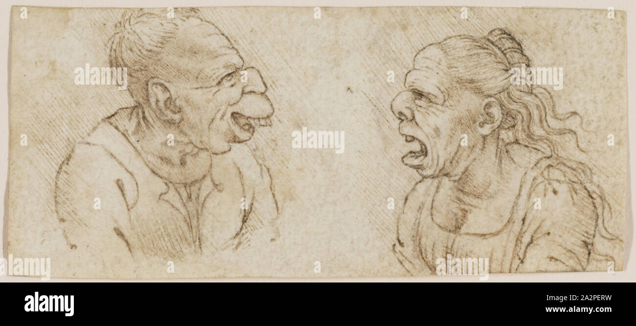 Francesco Melzi, Italian, 1493-1570, Two Grotesque Heads Facing Each Other in Profile, ca. 1510, pen and brown ink on cream laid paper, Sheet: 1 3/4 × 4 inches (4.4 × 10.2 cm Stock Photo