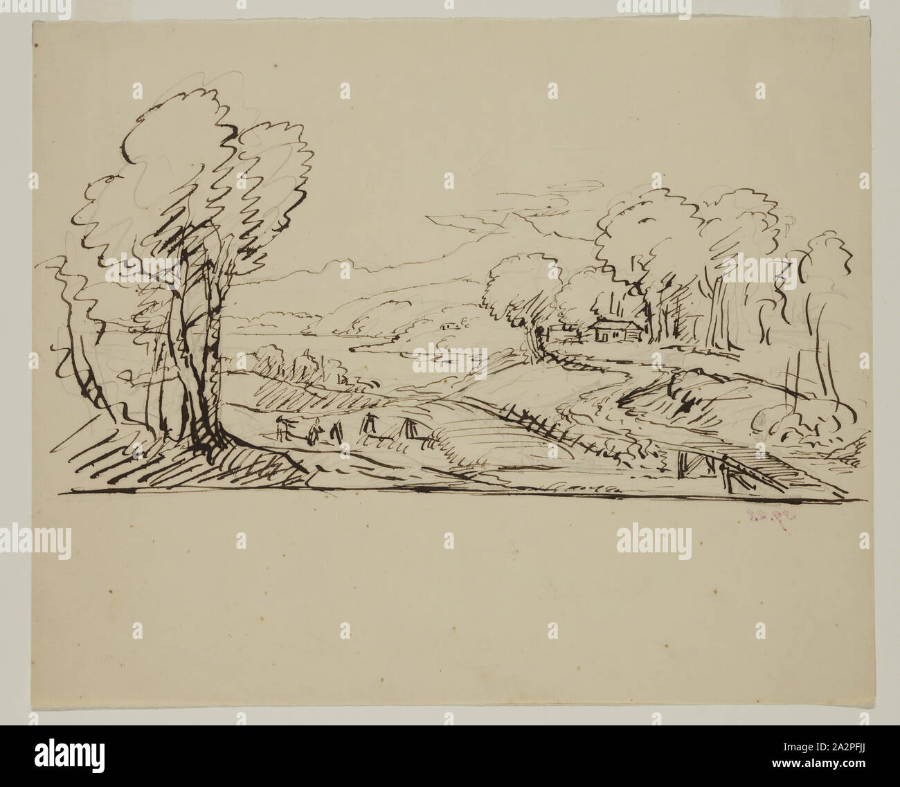 Thomas Cole, American, 1801-1848, Landscape: Log Cabin Amidst Trees at Right; Field and Lake at Left, 19th century, pen and brown ink over graphite pencil on off-white wove paper, Sheet: 8 × 9 5/8 inches (20.3 × 24.4 cm Stock Photo